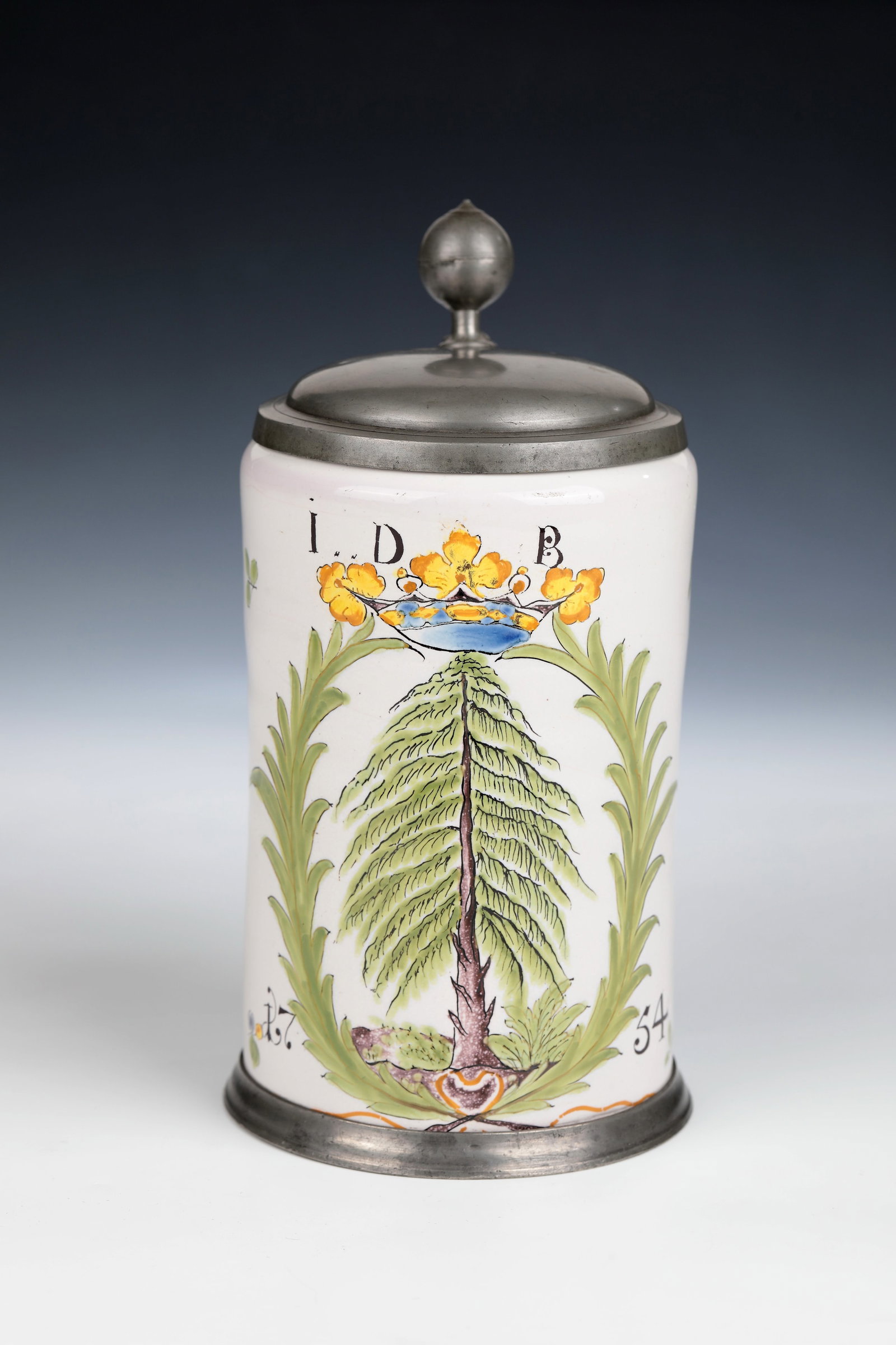 Rare Cylinder Jug with Pewter Mount: Rare roller jug with tin mount Durlach, dat. 1754 Pewter stand ring. Retracted lip edge and slightly protruding foot edge. On the white glazed wall in green, blue, ochre, yellow, manganese and black, 