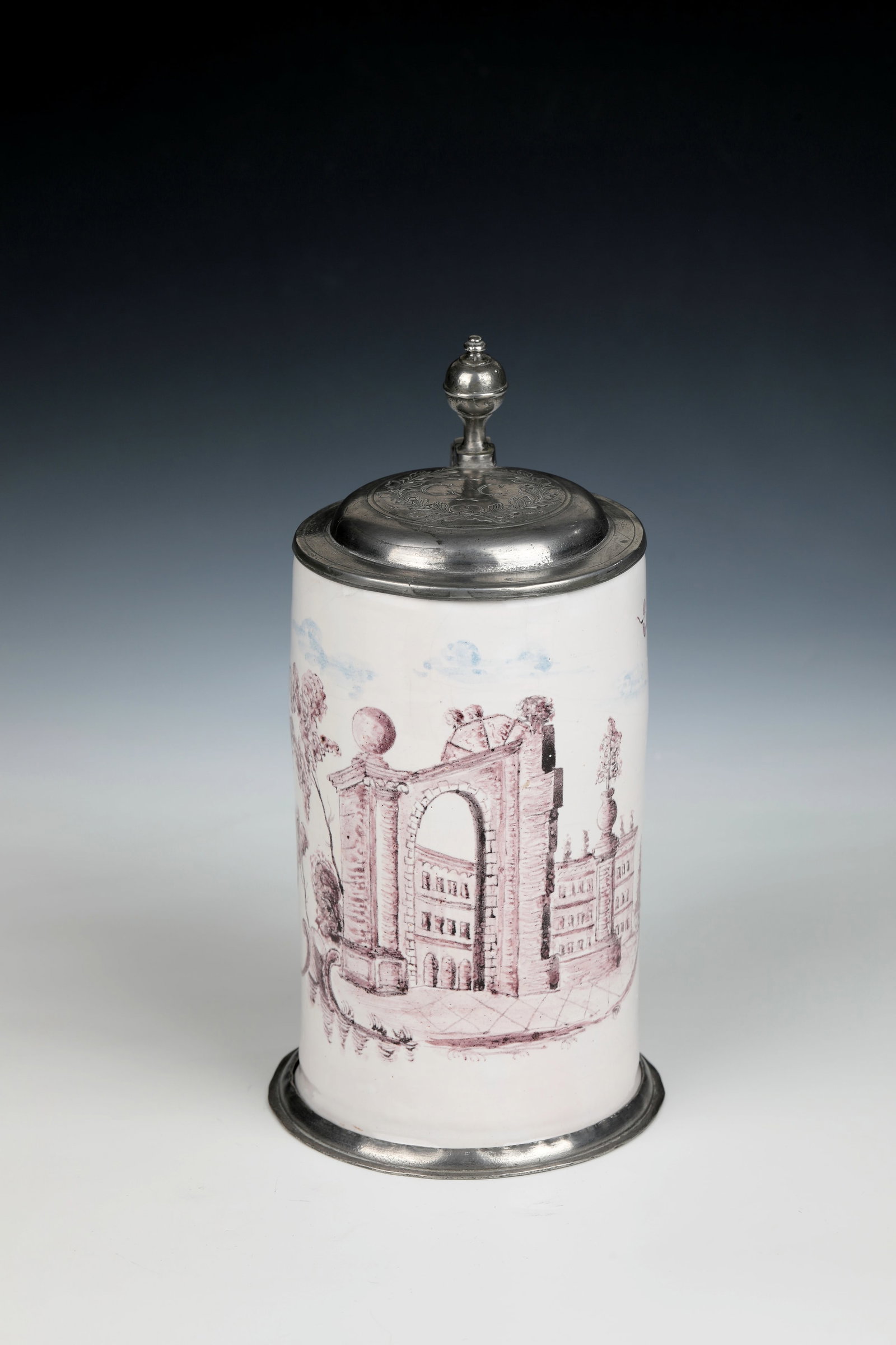 Rare House Painter Cylinder Jug with Pewter Lid: Rare house painter's roller jug with tin lid Schrezheim, Johann Andreas Bechdolff (attributed), c. 1760 Pewter standing ring. On a white background in manganese tones, a very finely painted view of a