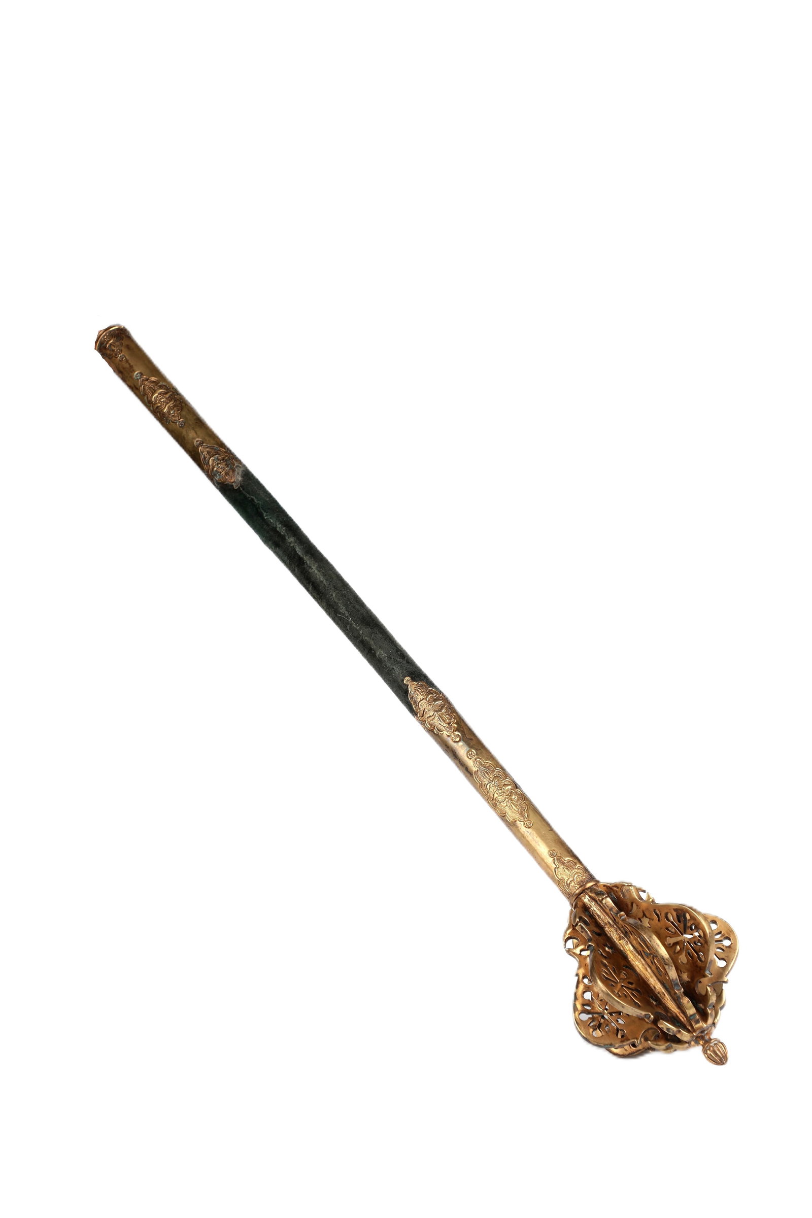 Magnificent flask: Magnificent flask Transylvania, 17th century Wooden stem covered in dark green velvet, set at the ends by formerly gilded sheet brass, decorated with embossed and re-engraved arabesque cartouches. The