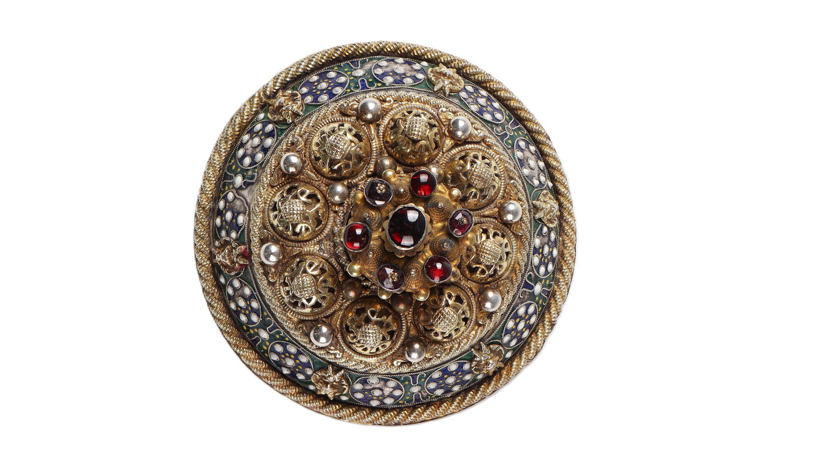 Rare Handle with Enamel: Rare booklet with enamel Transylvania, Brasov (Brasso; Brasov), Michael Neustädter (Neisteder), master from 1667 Vaulted silver plate with enamel, partly gilded applications and red stones. Border fr
