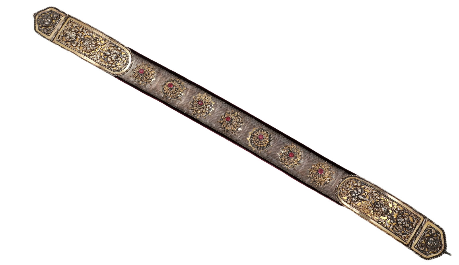 Transylvanian traditional costume belt: Transylvanian traditional costume belt Austria-Hungary, master mark Gräf & Co. Between two silver-gilt clasps brocade band on red velvet, on top of which seven turret-shaped bucks consisting of seven