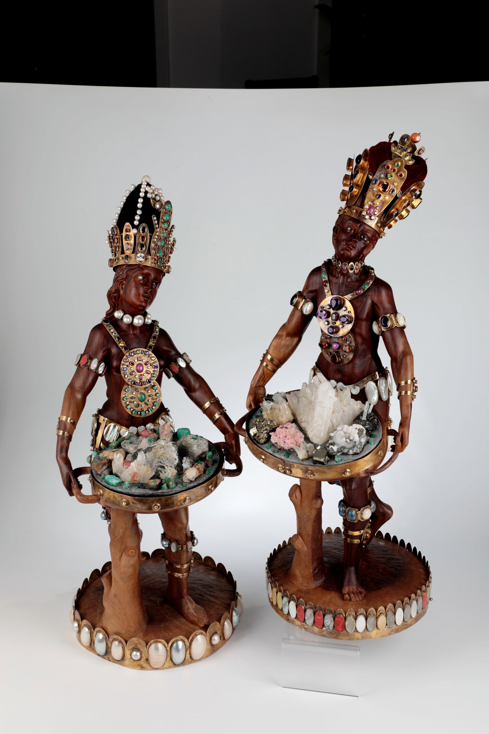 Pair of Moretto Sculptures with Gemstones and Tableau: Pair of Moretto sculptures with precious stones and tableau In the style of Balthasar Permoser (1651-1732), execution 20th century wood, gold and sterling silver, gilded. Highly decorative, handmade p