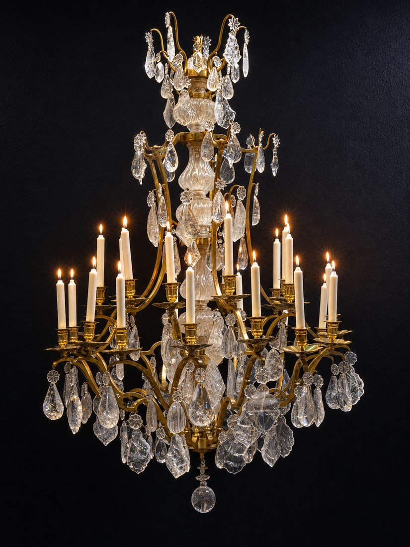 Monumental rock crystal chandelier: Monumental Rock Crystal Chandelier Italy, circa 1880-1900 Multi-storey, multi-flame chandelier with curved gilded bronze frame. The baluster-shaped middle shaft made of matt and partly faceted rock cr