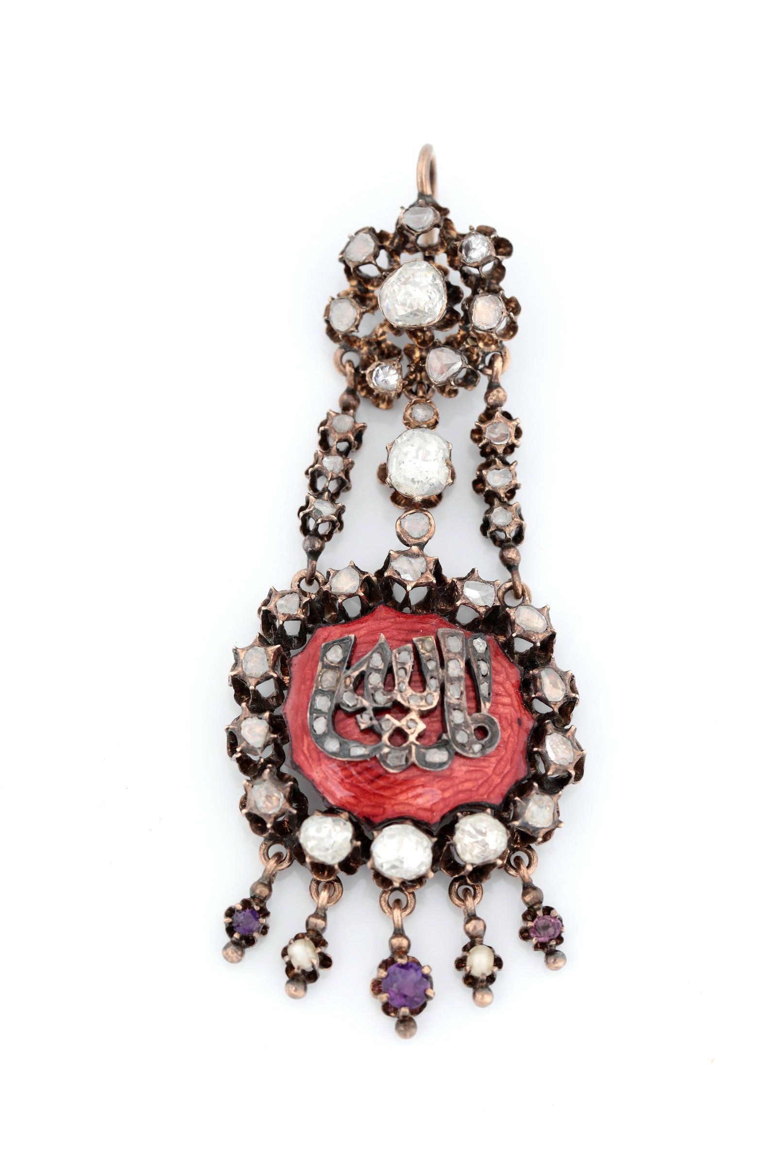 Antique Brooch/ Pendant: Antique brooch/ pendant Ottoman, 19th century Antique brooch (also as pendant), set with diamonds and violet tourmalines. Central silver Ottoman character on a red background, in diamond-studded entou