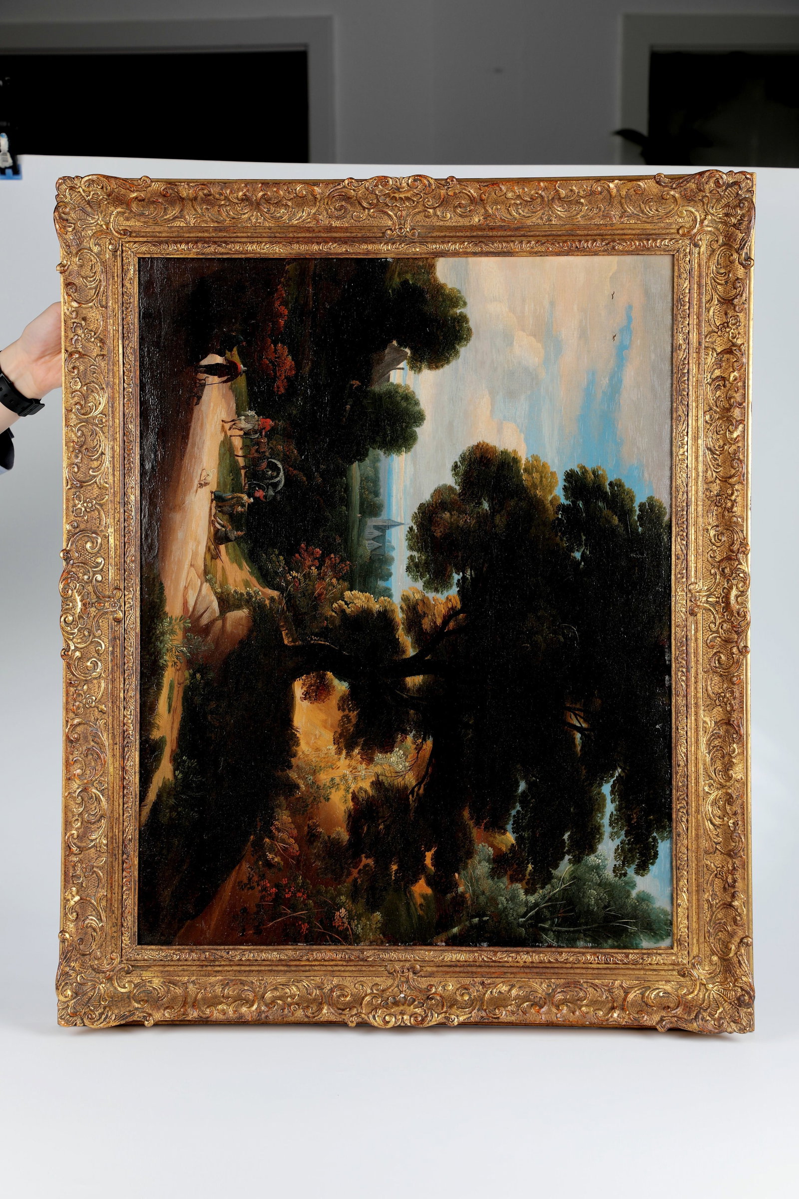 Jacques d'Arthois (added): Jacques d'Arthois (added) 1613 Brussels - 1686 presumably ibid. Forest entrance with imposing tree in the foreground. Staffage figures with a covered wagon pulled by horses, coachmen and passengers. I