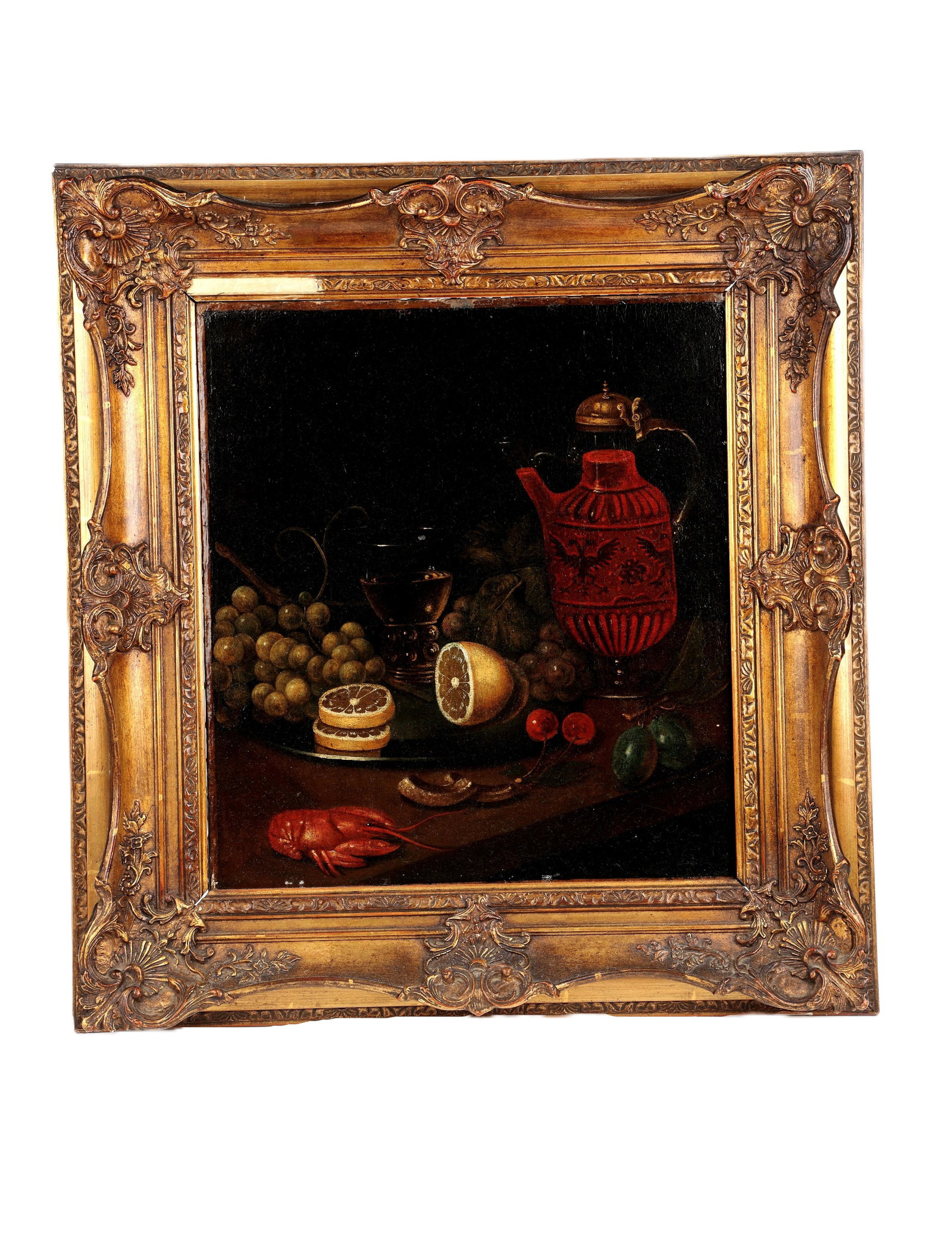 Jan Davidsz. de Heem, Circle or Succession: Jan Davidsz. de Heem, circle or succession 1606 Utrecht - 1683 or 1684 Antwerp Still life with fruits, including grapes and a sliced lemon, complemented by a Roman glass and a red ceremonial jug with 