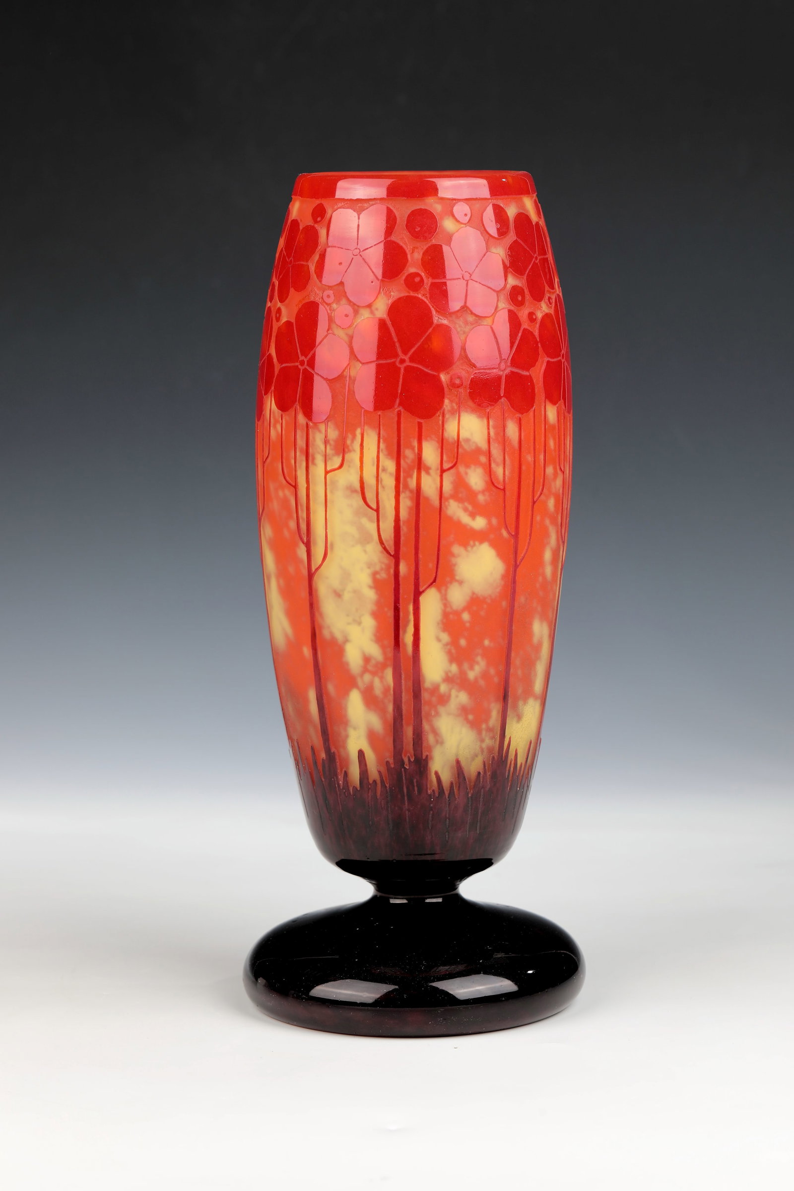 Foot vase ''Cardamines'': Foot vase ''Cardamines'' Verreries Schneider, Épinay-sur-Seine, 1924 - 1927 Colourless glass with melted and melted powder in yellow, red-orange, red and violet. Circumferential relief etched