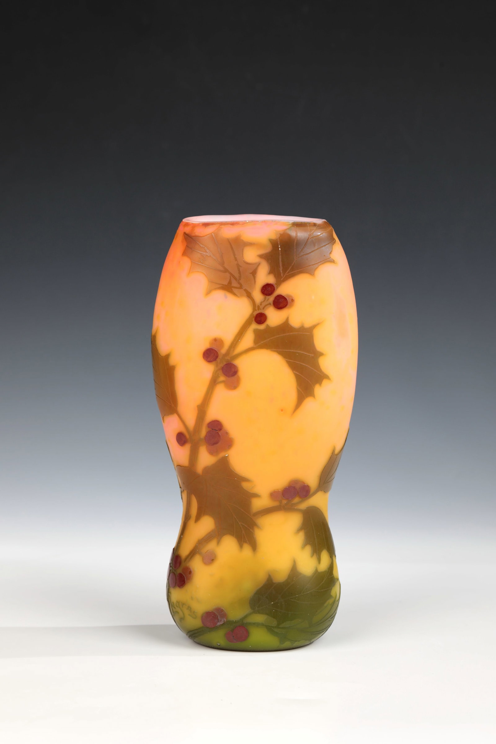 Vase ''Branche de houx'': Vase ''Branche de houx'' Legras & Cie., Verreries de Saint-Denis, c. 1910 Colourless glass with powder melting in pink and orange. Inner muzzle in white opal. Multicolored overlay in green and
