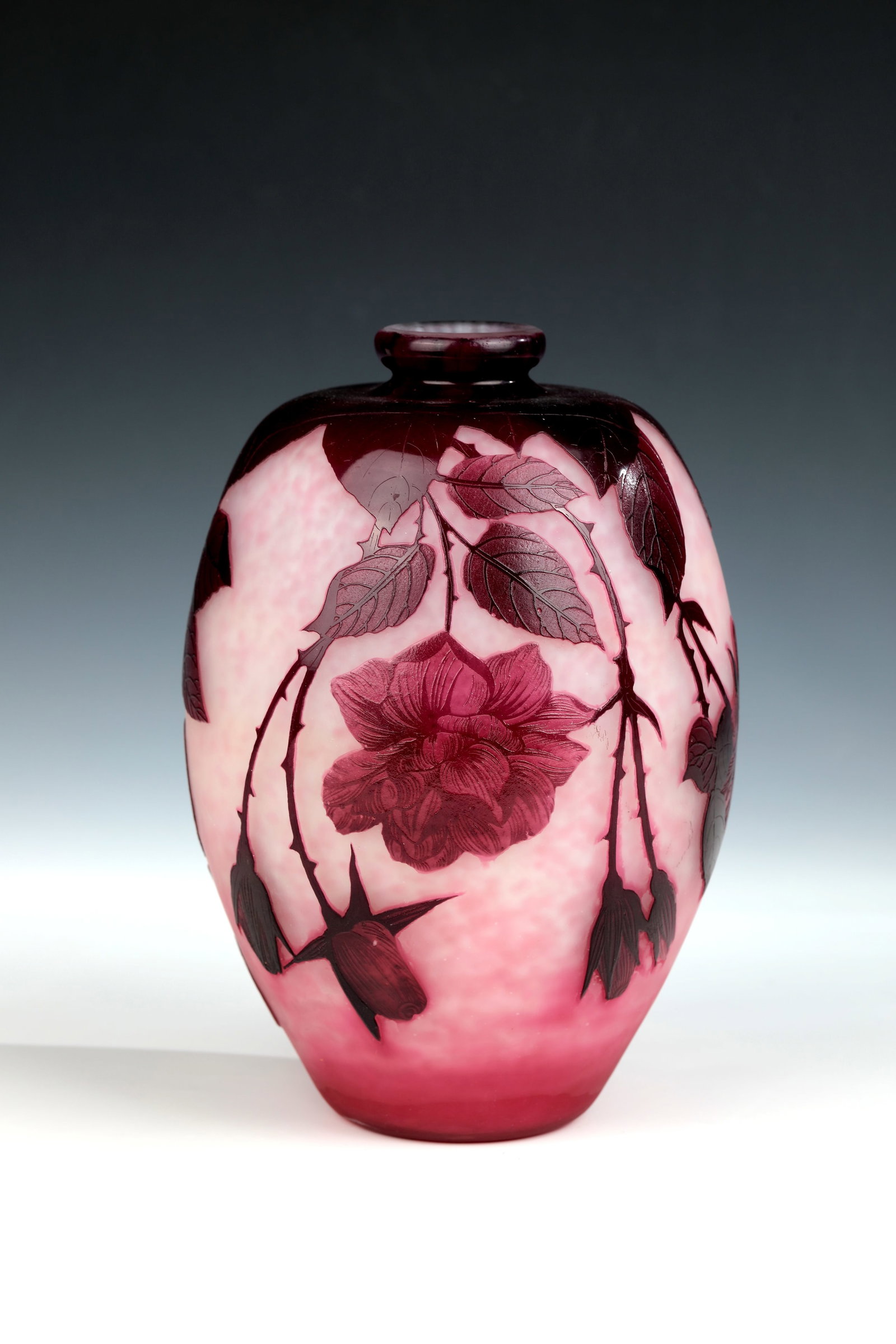 Vase ''Rose Sauvage'': Vase ''Rose Sauvage'' André Delatte, Nancy, 1920s Colorless glass with white and purple powder inclusions and violet overlay. Etching decoration in relief all around: branches with flowers and