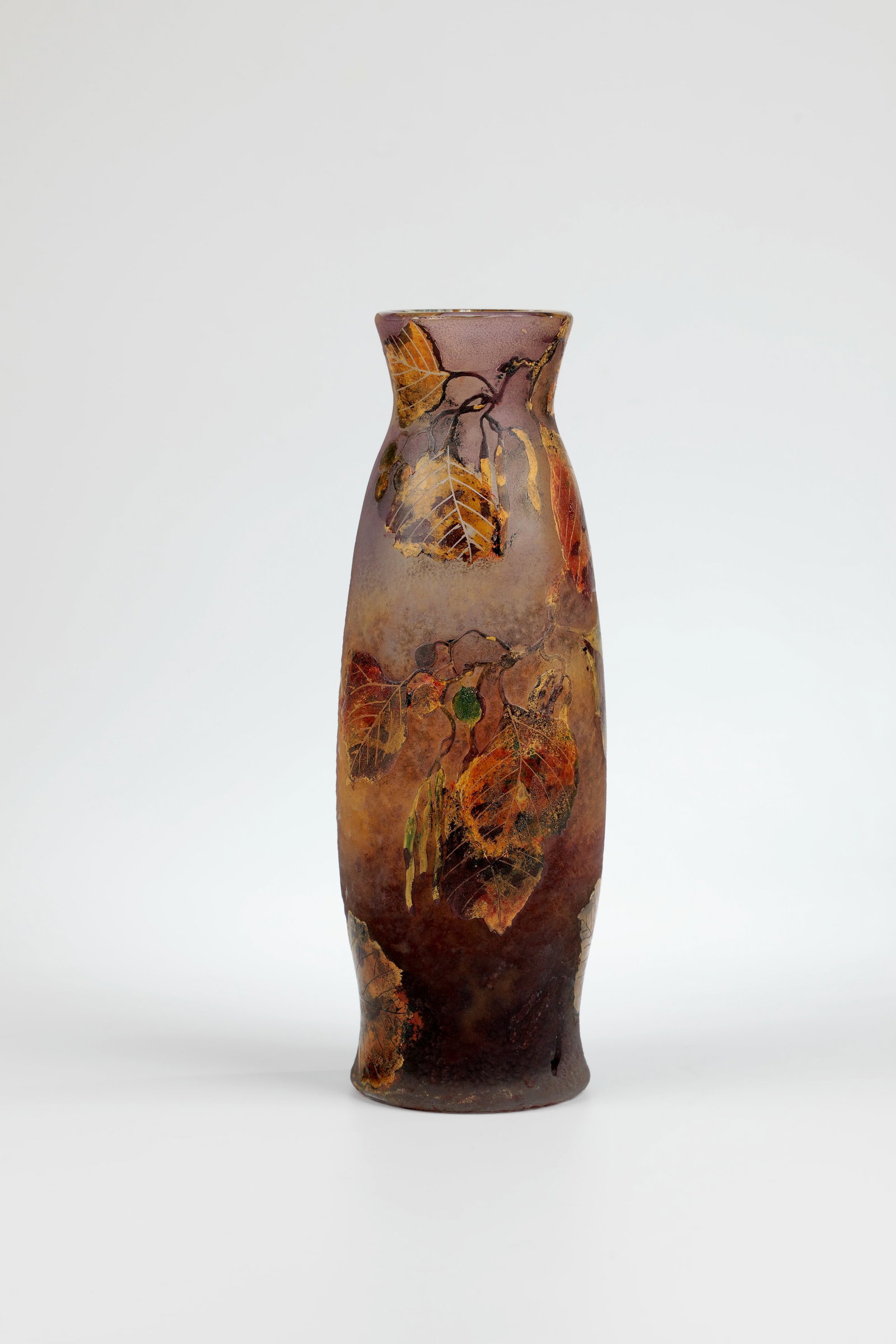 Vase ''Fleur de Tilleul'': Vase ''Fleur de Tilleul'' Muller Frères, Lunéville, 1920s Colorless glass, mold-blown. partially with yellow-green powder melting and a running, pale purple opal underlay. Relief-etched,