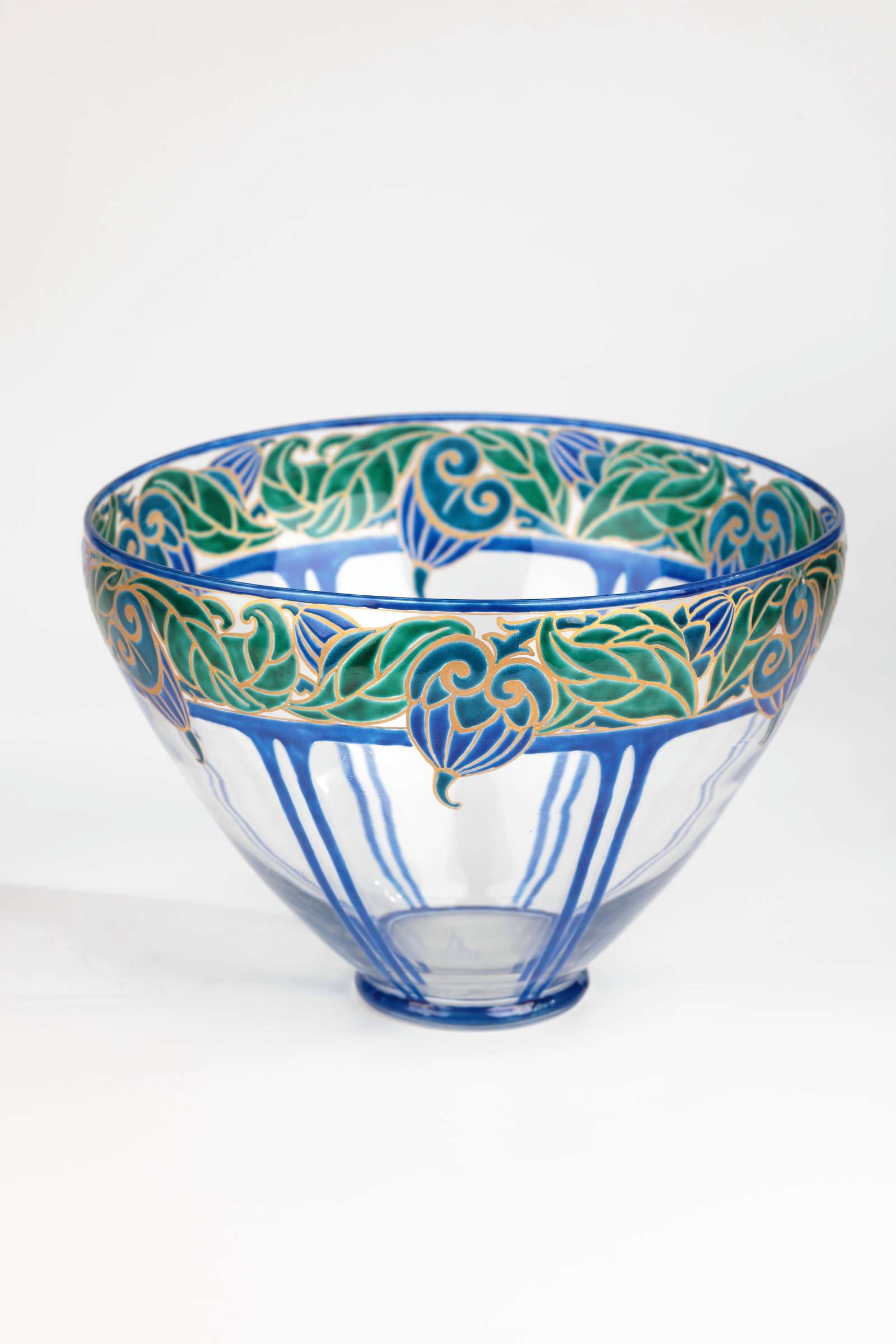 Vase: Vase Marcel Goupy, Paris, c. 1925 Colourless glass with cobalt blue and green translucent enamel painting. Six-fold repeating stylized floral decoration with contours in polished gold. Bottom painted