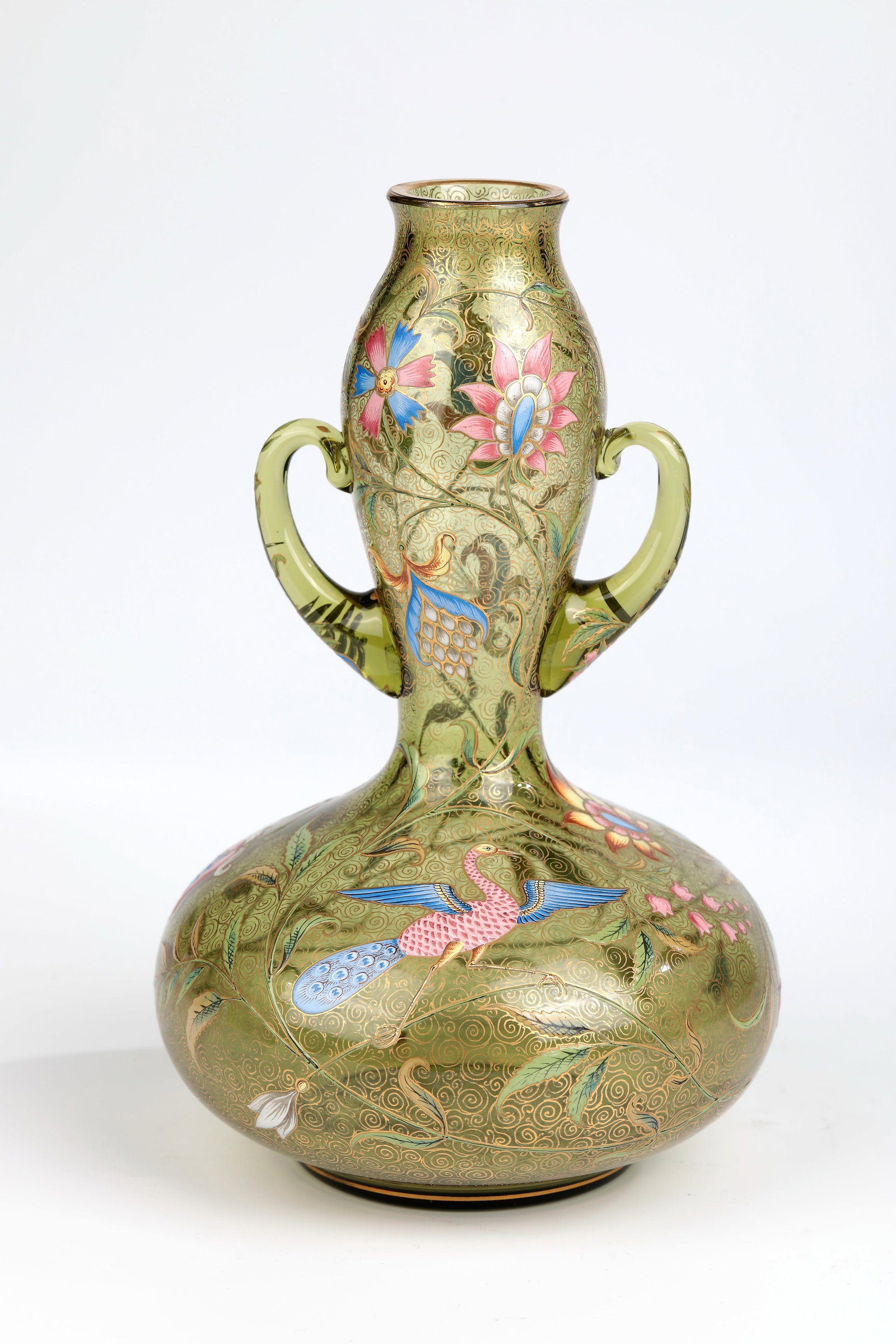 Double Handle Vase: Double-handled vase Gräflich Harrach'sche Glasfabrik, Neuwelt, c. 1890 Olive-green glass, blown into the mold. Lateral, freely applied handles. Flat décor in multicoloured opaque enamel and
