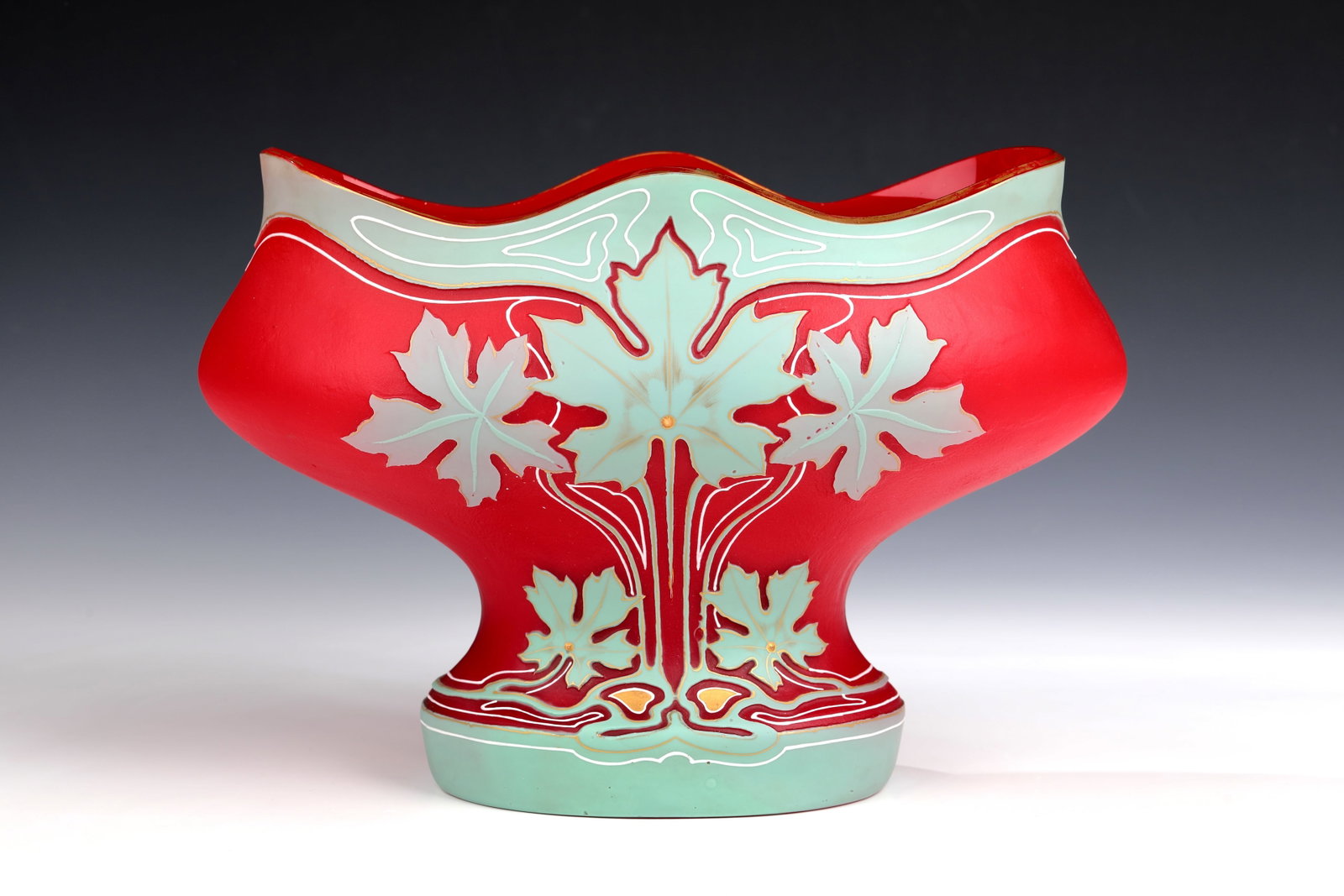 Rare Vase: Rare vase Josef Riedel, Polaun, c. 1900 Colourless, opaque red underlaid glass with grey-green overlay. Decoration etched in double repeat: stylized maple leaves, contour and interior drawing in