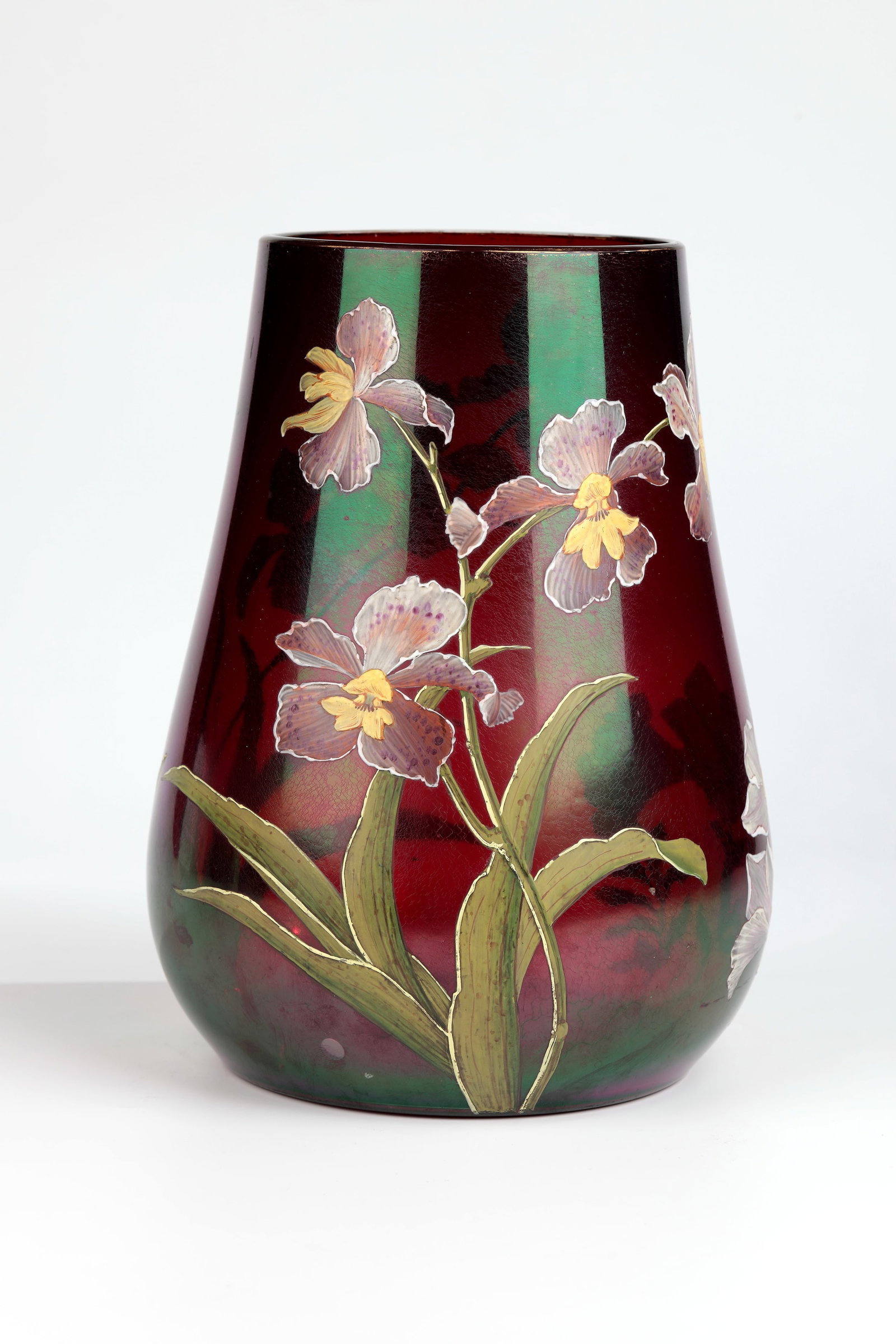Vase: Vase Gräflich Harrachsche Glasfabrik, Neuwelt, c. 1900 Colourless, ruby-red underlaid glass with colourful opaque enamel painting. Lip edge gold-plated. Decor: Orchid Blossoms. Iridescent. The un