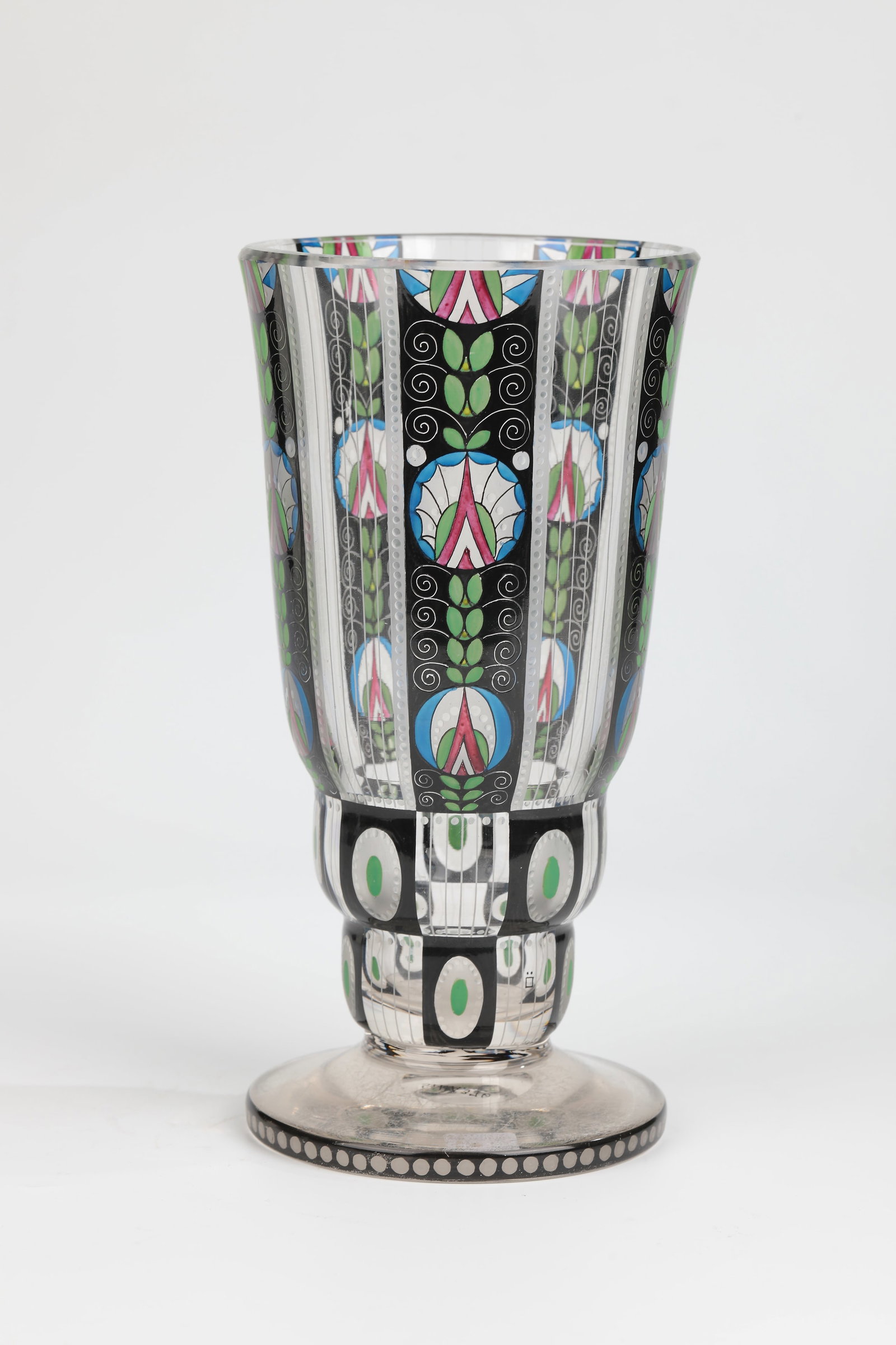 Vase: Vase Fachschule Haida, c. 1915/20 Colourless, partly silk-matt etched glass with black solder, coloured transparent enamel and colourless crystal enamel dots. Stylized floral décor in fivefold