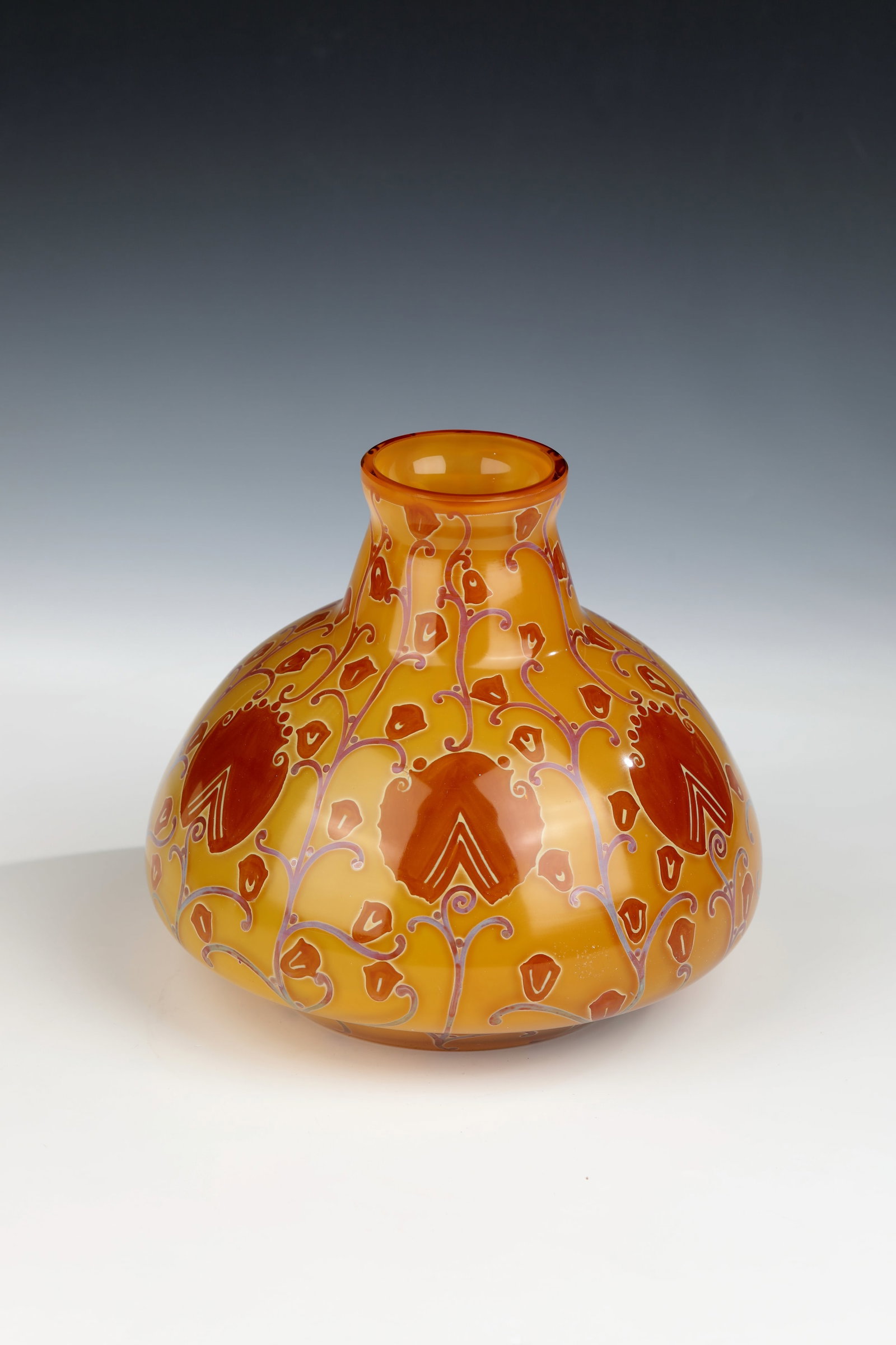 Vase: Vase Beyermann & Co., Glass Refinery, Haida, c. 1910-1915 Colourless glass, underlaid with yellowish opal. Repeating decoration all around: stylised branches with flowers and leaves executed in