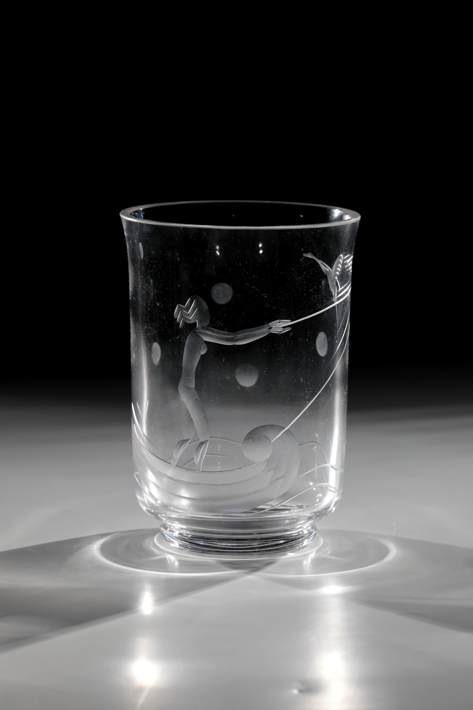 Vase: Vase Konrad Habermeier (design), Grail Glass Workshops (execution), c. 1933 Colourless glass. Figural decoration in matt cut and engraving. H. 16 cm Cf.: Thorsten Bröhan, Glaskunst der Moderne,
