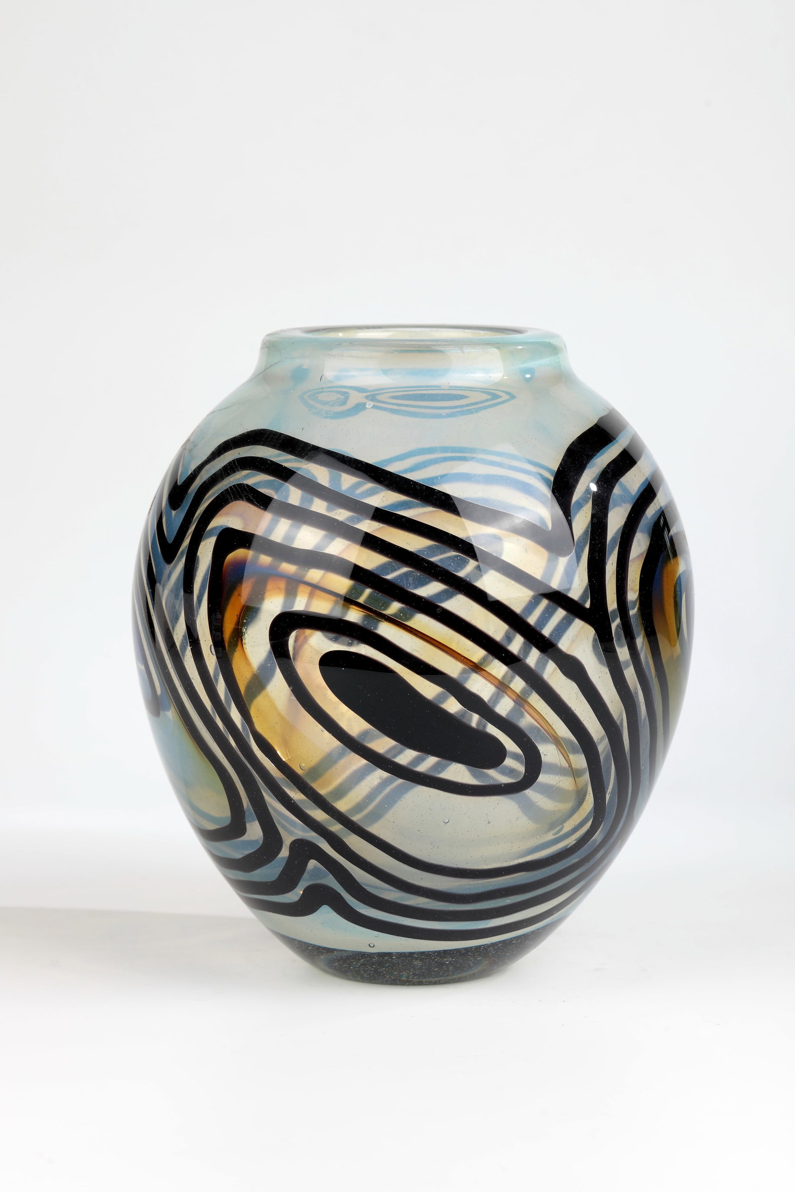 Vase: Vase David R. Huchthausen and Gary Beecham, Lobmeyr Studio, Baden near Vienna, 1978 Colourless glass, with light blue opal underlay. Decor worked out after intermediate cooling in cold technique.