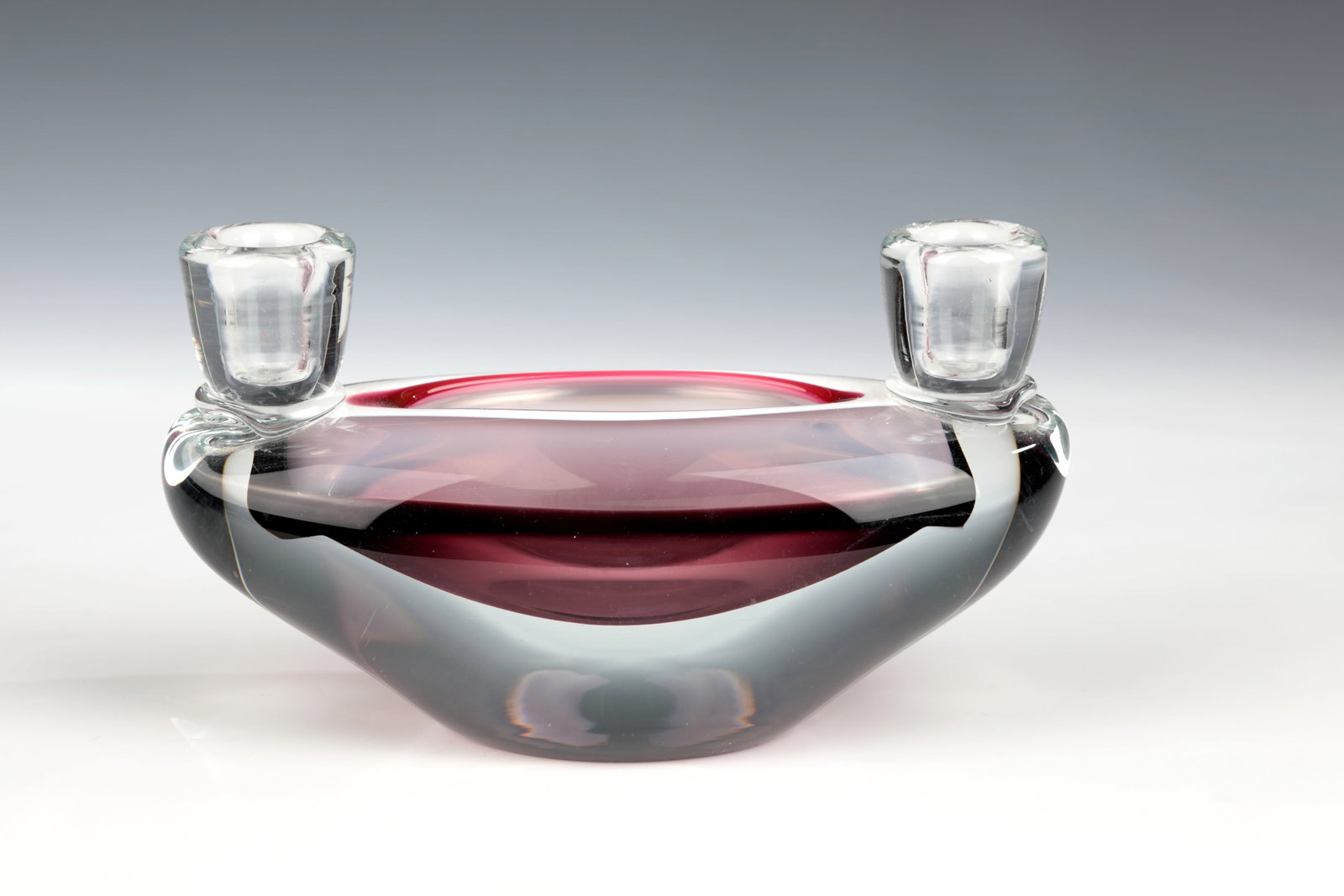 Candlestick bowl: Chandelier Bowl Paul Kedelv (Design Attributed), Flygsfors, Sweden, 1950s Thick-walled, colorless glass with white opal and black-violet underlays. Underside in engraving inscribed: Flygsfors. H.