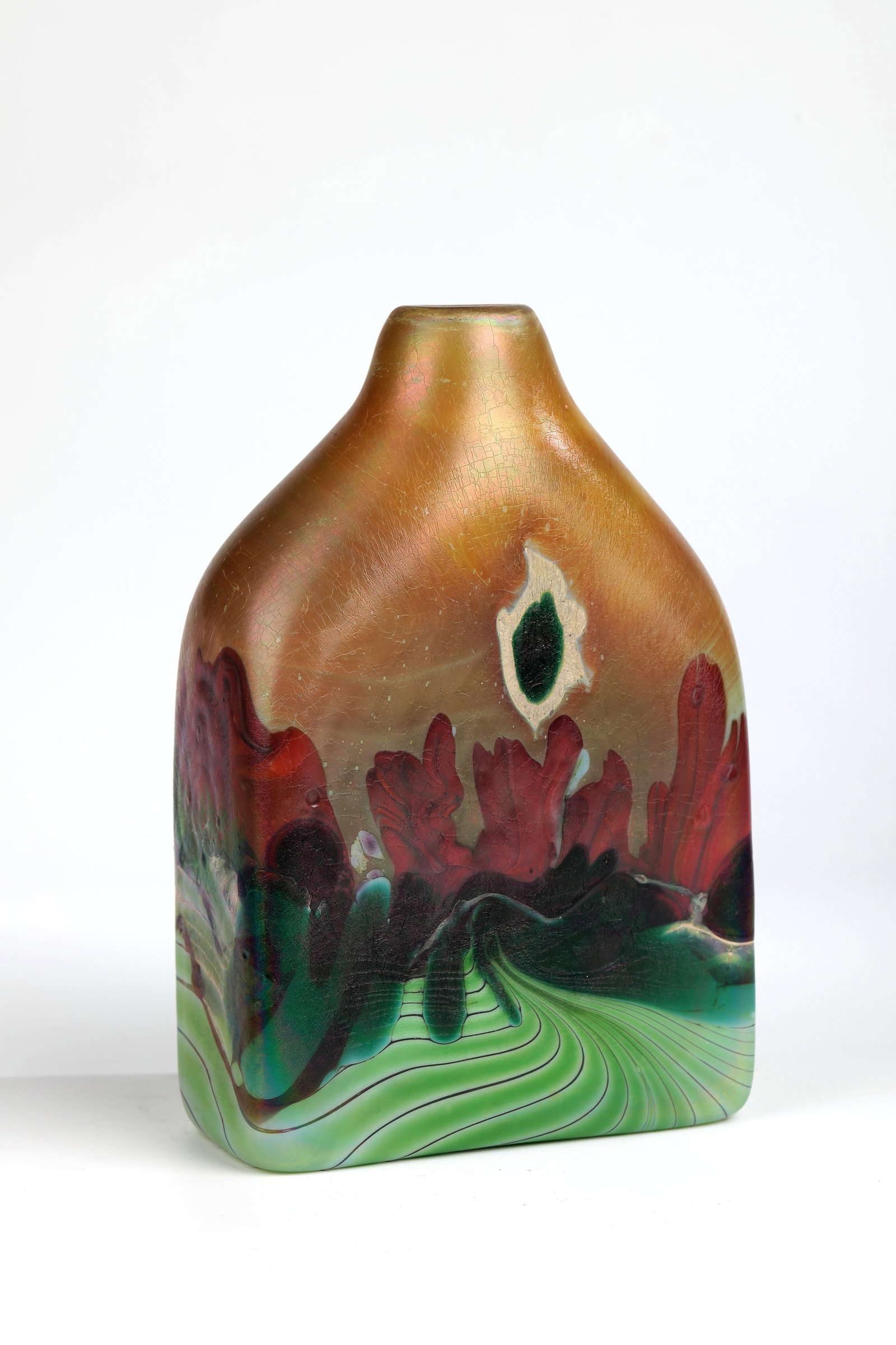 Vase ''Landscape'': Vase ''Landscape'' Jack Ink Colourless thick-walled glass, underlaid with white opal, colour and oxide melting, partly combed, strongly iridescent. Signed in vibro-engraving and inscribed: Jack Ink