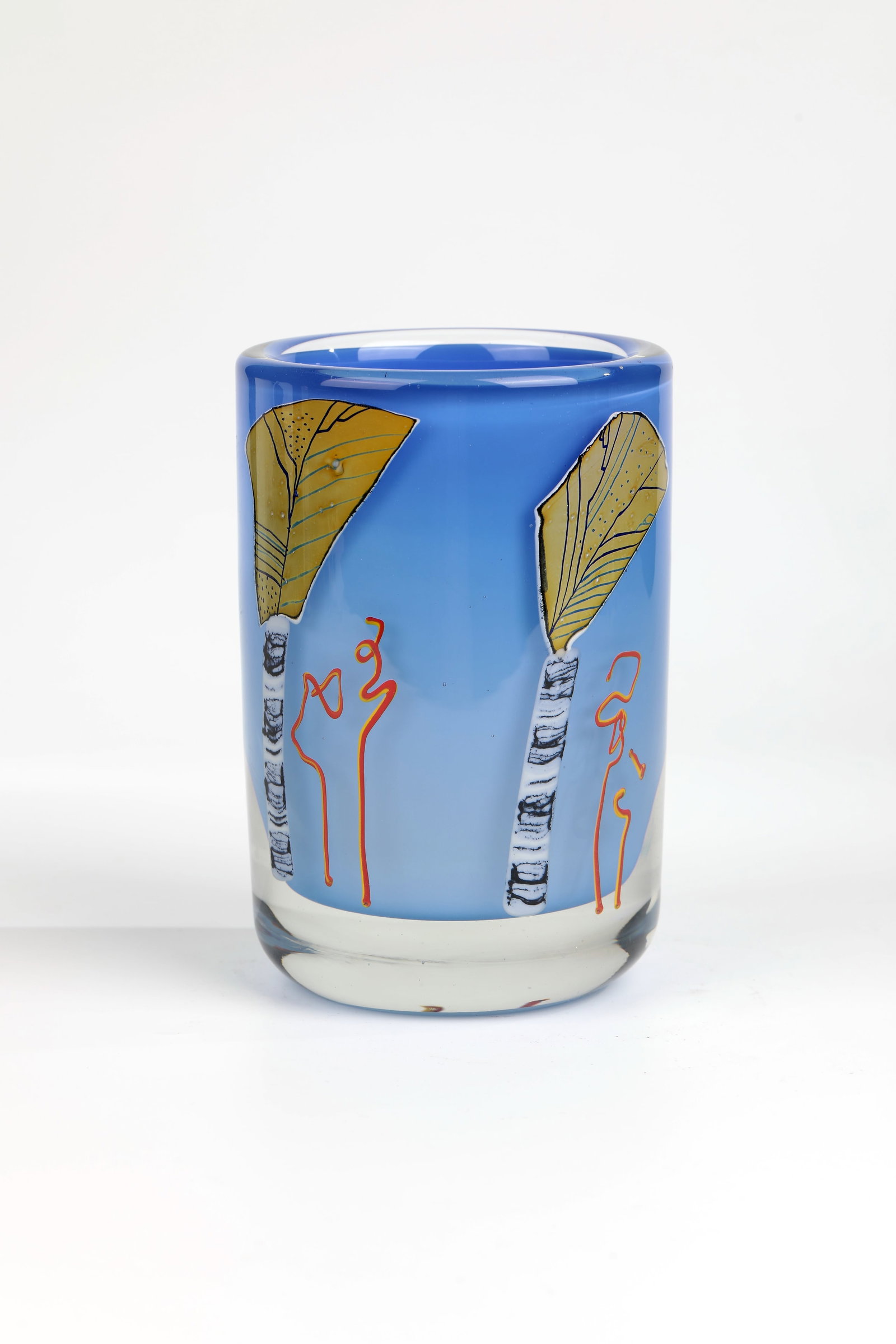 Vase ''Trees'': Vase ''Trees'' Susanne Precht, 1993 Colourless glass, underlaid with light blue opal. Interlayer decoration made of melted coloured glass plates and threads, partially painted. Signed, dated and