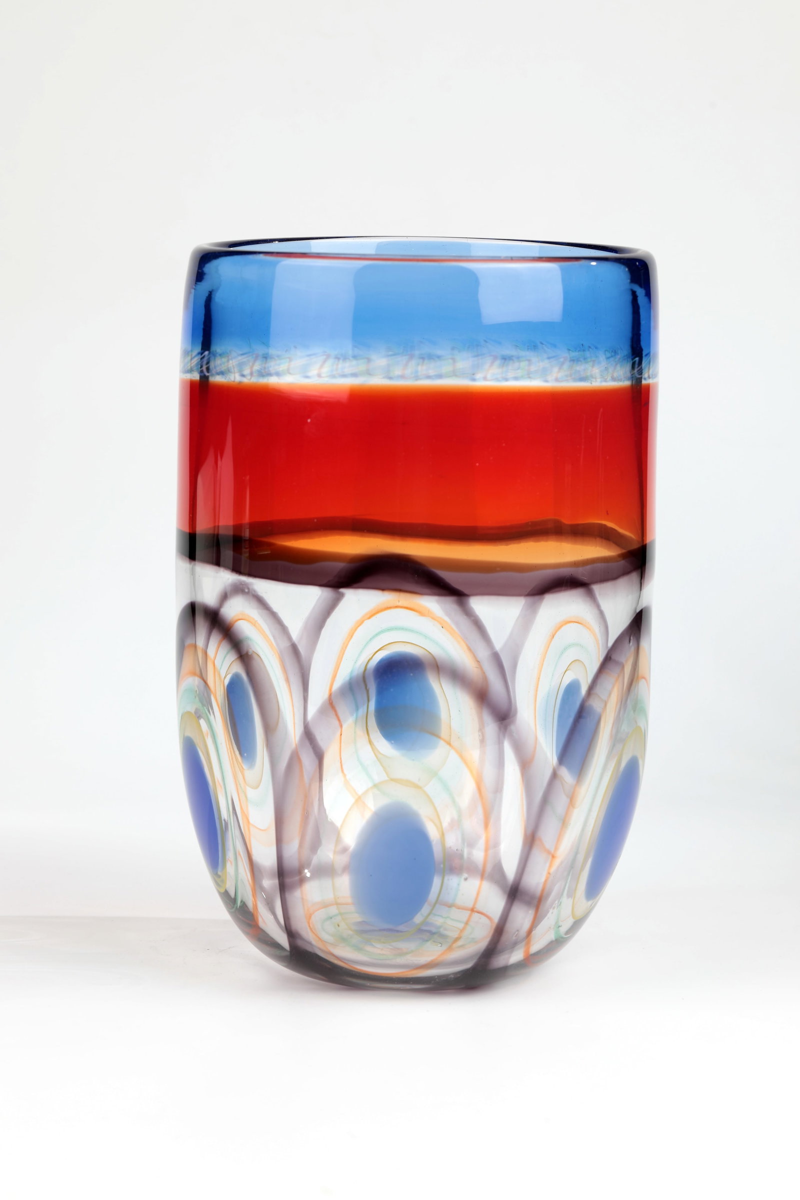 Cylinder vase: Cylinder vase Theodor G. Sellner Colourless glass with multi-coloured interlayer decoration. Signed in engraving: Sellner. H. 27.5 cm