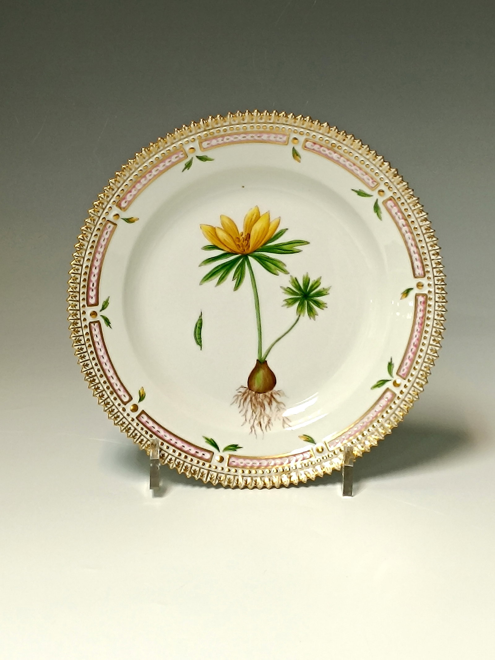 Dessert plate ''Flora danica'': Dessert Plate ''Flora danica'' Royal Copenhagen 1969-84 Plate from the series ''Flora danica'' with the motif ''Helleborus hyemalis'' (Winterling) in polychrome, fine painting. D. 19.5 cm.