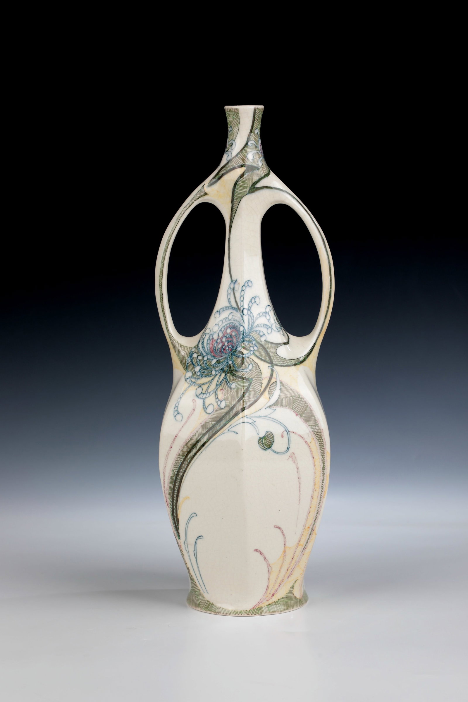 Vase: Vase Plateelbakkerij Zuid Holland, E. Estié & Co. Gouda around 1900 Light earthenware shards, creamy white finely cracked glazed, ornamental flower motif and leaf stems in polychrome glaze painti
