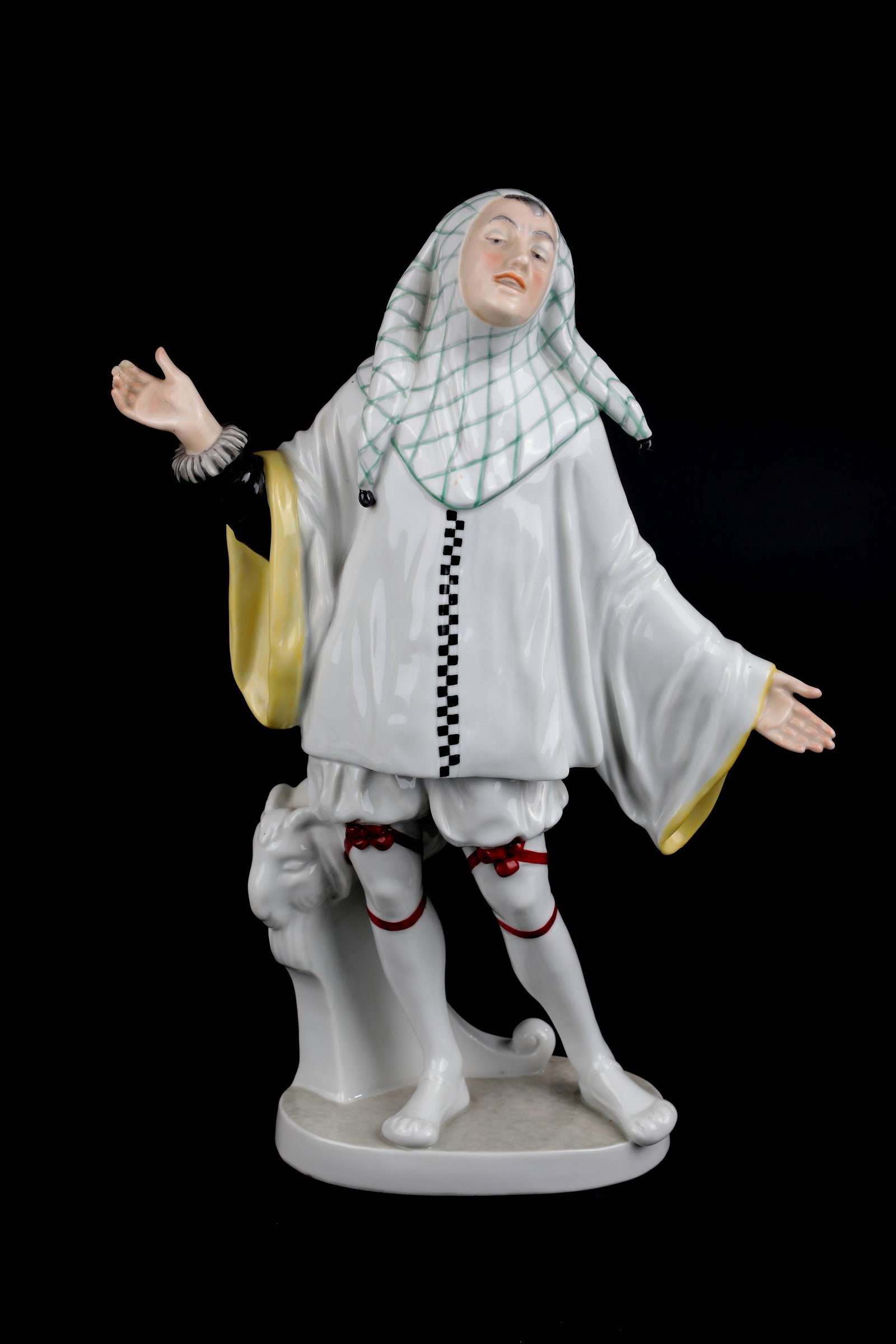 Pierrot: Pierrot Karl Ens, Volkstedt around 1920, Anton Büschelberger (design) Porcelain, white, glazed, with overglaze painting in green, grey, yellow, black and red. Ref.: AB (embossed), maker's mark,