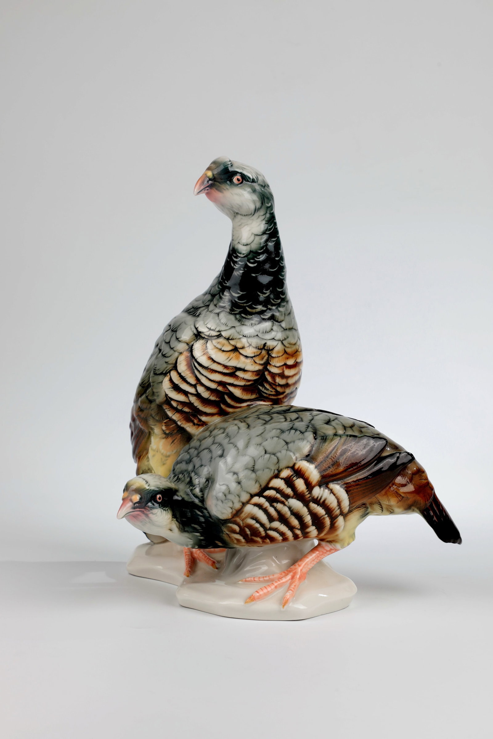 Partridge group: Partridge group Karl Ens, Volkstedt porcelain under the glaze naturalistically staffed. On an asymmetrical pedestal, a pair of partridges. Manufactory brand. H. 29cm.