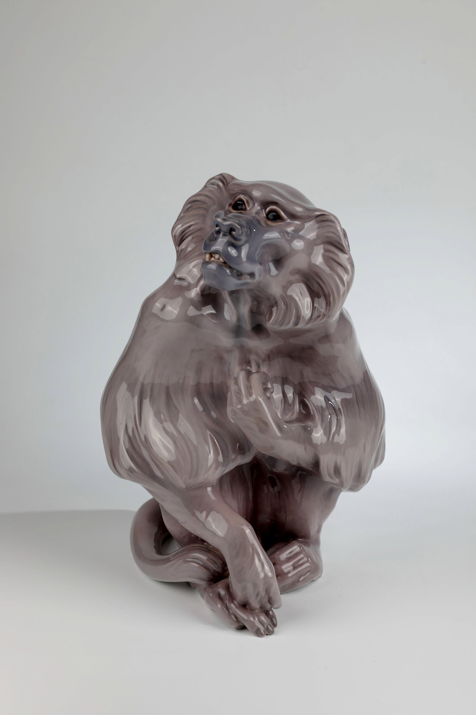 Baboon: Baboon Bing & Grøndahl, Copenhagen, c. 1900 Seated, looking up to the right with his mouth slightly open. Porcelain, white, painted in gray-violet tones under the glaze. On the bottom inscribed: