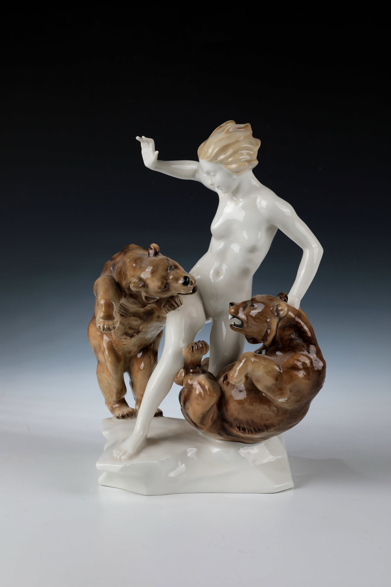 ''Jealousy'': ''Jealousy'' designed by Karl Tutter around 1933, Hutschenreuther around 1933 Depiction of two bears fighting for a female nude, on a rock base in naturalistic underglaze painting. On the base on the