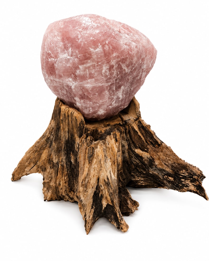 Rose quartz, approx. 100kg: Impressive rose quartz weighing approx. 90-100 kg, lying on burl wood, height approx. 30 cm, with burl wood in total approx. 70 cm. Please note - this property is not located on site - location is Bad