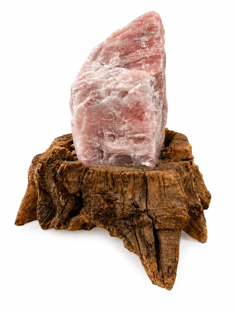Rose Quartz, approx. 120kg: Impressive rose quartz weighing approx. 110-120 kg, lying on burl wood, height approx. 47 cm, with burl wood total approx. 87 cm. Please note - this property is not located on site - location is Bad M