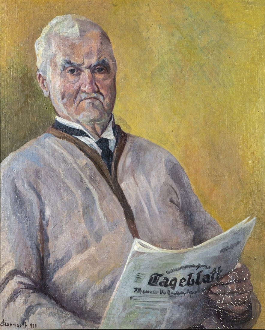Ernestine Konnerth-Kröner: Ernestine Konnerth-Kroner Hermannstadt 1893 - 1973 Schwäbisch Hall Portrait of a Gentleman Reading a Newspaper. Oil on canvas marouflaged on cardboard, partial loss of paint. Signed lower left