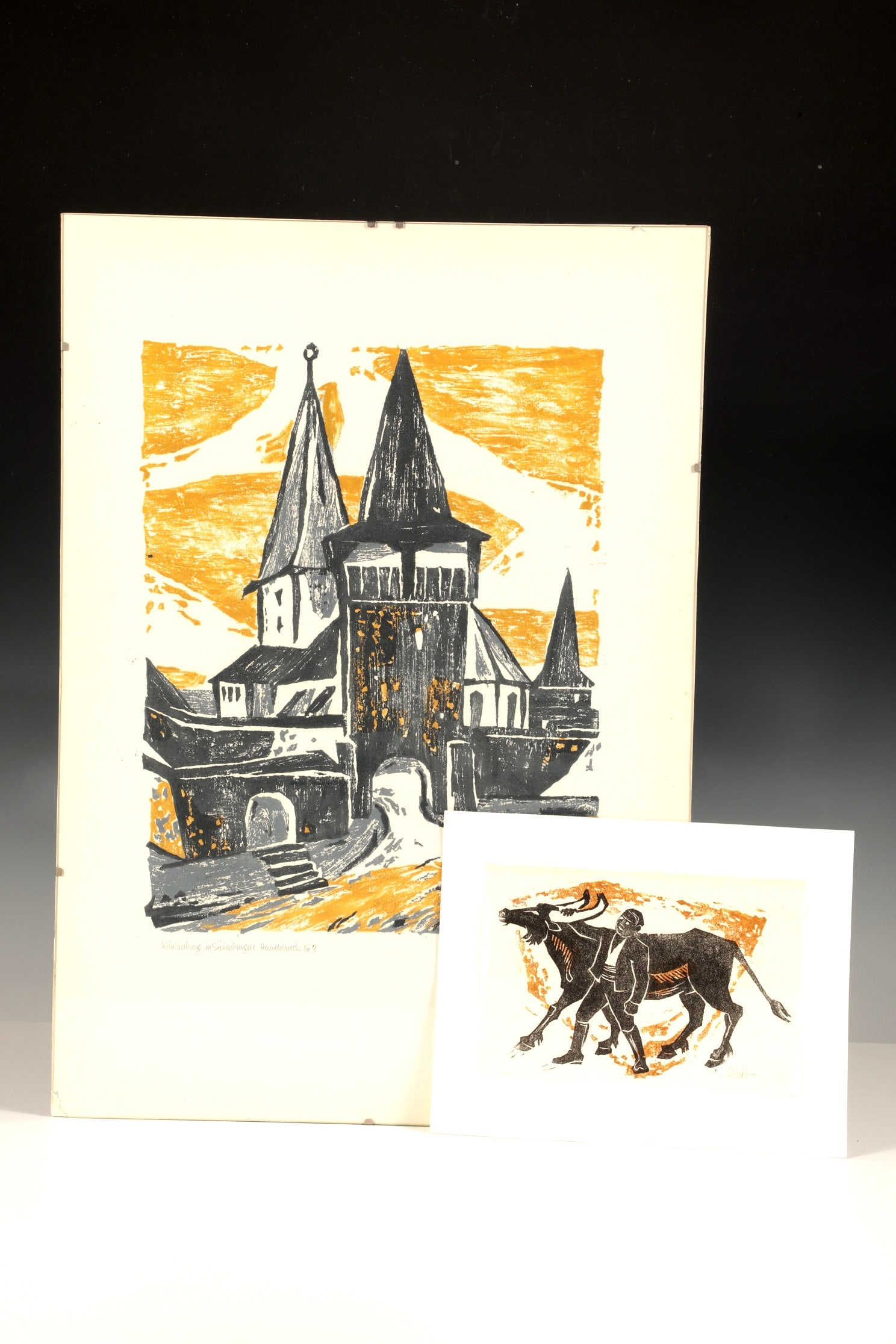 Hildegard Schieb: Hildegard Schieb 1897 Hermannstadt - 1989 Hattingen Two colour linocuts, including fortified church in Transylvania, handprint no. 9. One sheet framed behind glass (glass damaged lower left).