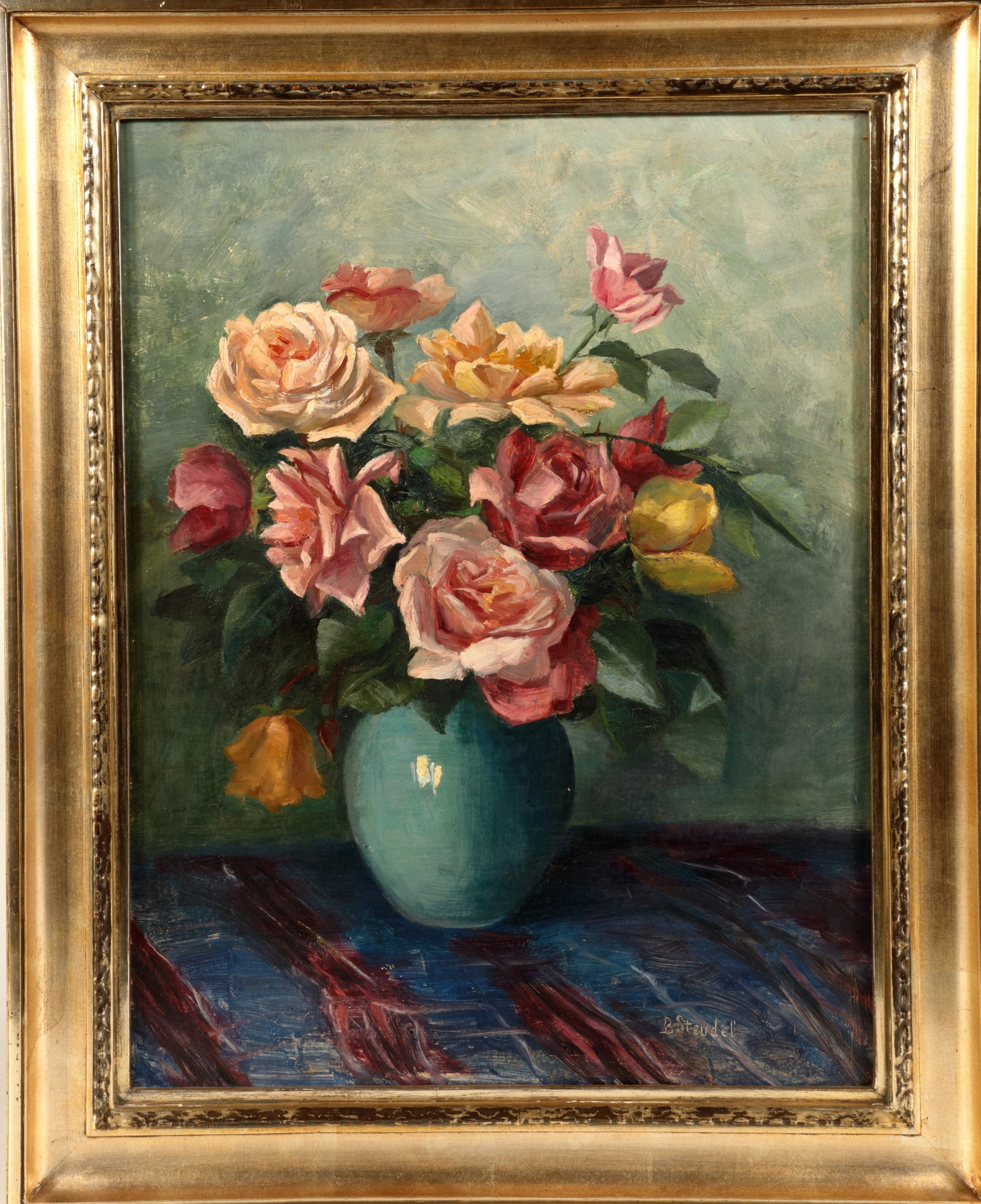 B. Steudel: B. Steudel, Transylvanian, c. 1900, still life with bouquet of roses in vase, oil on cardboard, signed lower right. On the reverse with handwritten dedication from 1926. Frame 62 x 50 cm.