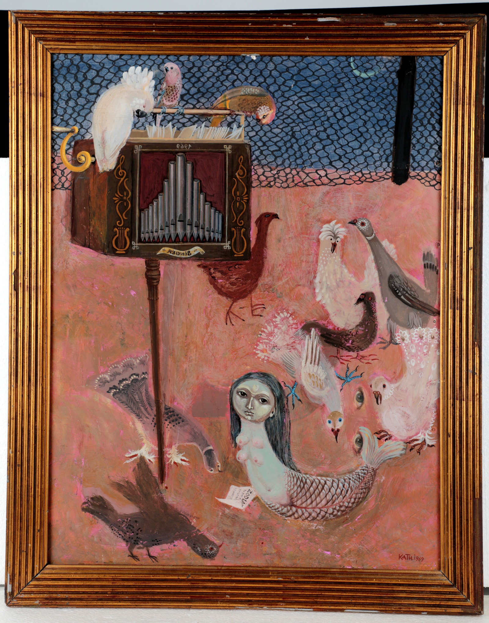 Katharina Zipser: Katharina Zipser 1931 Hermannstadt -2024 probably Munich Tempera on fibreboard. Abstract illustration of NIxe, birds and hurdy-gurdy. Signed and dated lower right: ''KATH 1949''. 72 x 57 cm Katharina 