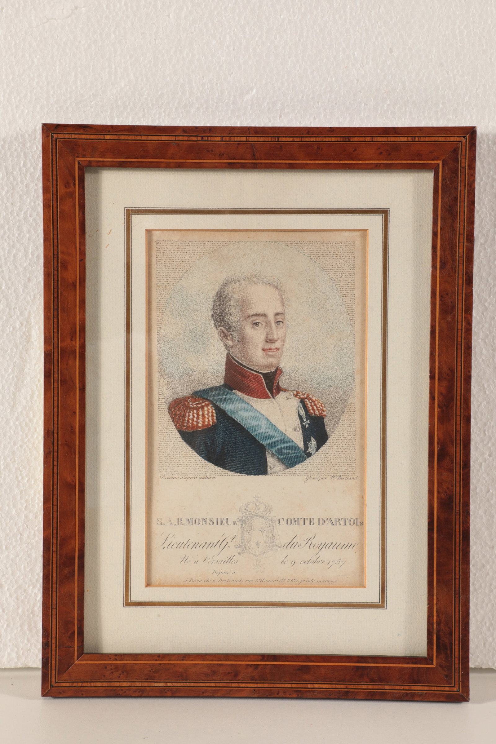 Portrait of the Count of Artois: Portrait of the Count of Artois France, 19th century Distinguished bust of the Count of Artois in half profile. Below the depiction a crowned coat of arms with the date ''1757''. Hand-coloured dotted 