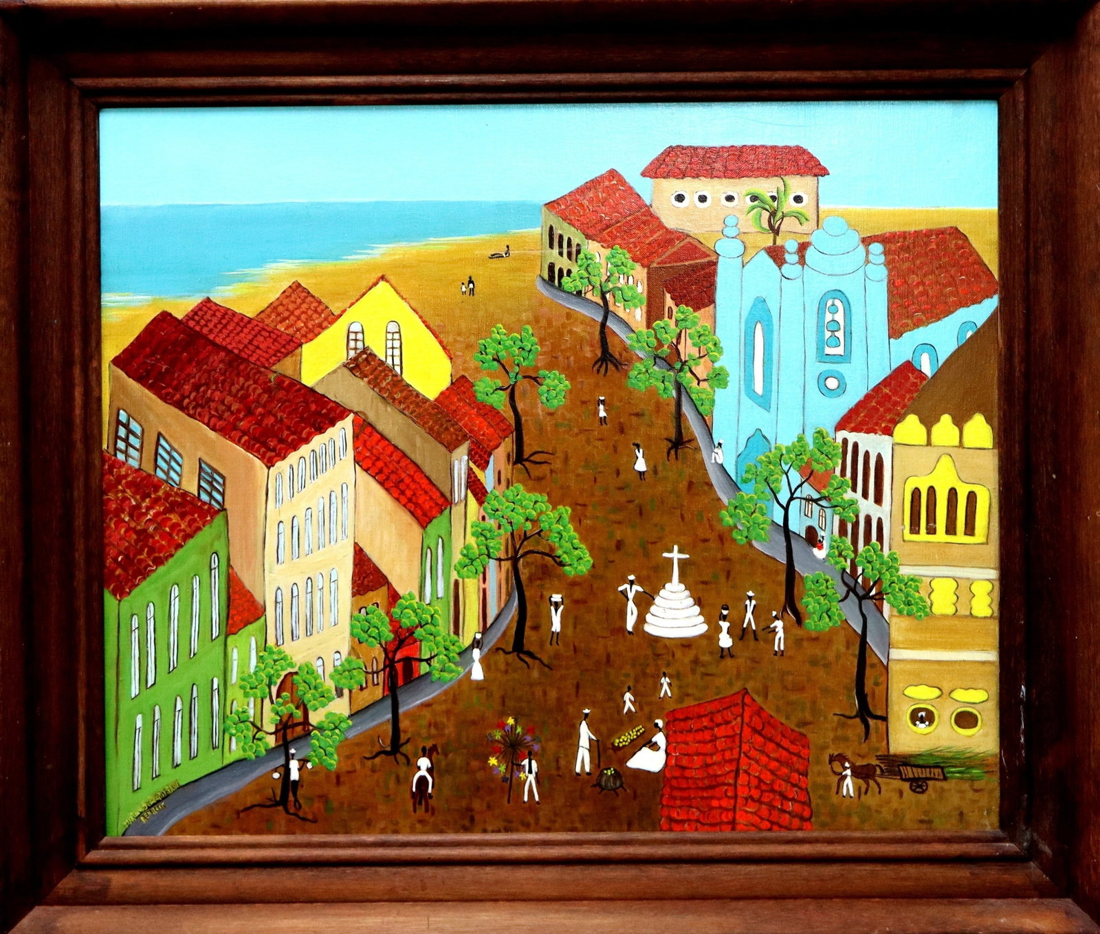 Marion de Rehbock: Marion de Rehbock 1912 Vienna - ? Lively Brazilian coastal city view with figural staffage and houses on the church square, oil on canvas. Characteristic motif of the painter: Brazilian everyday scene