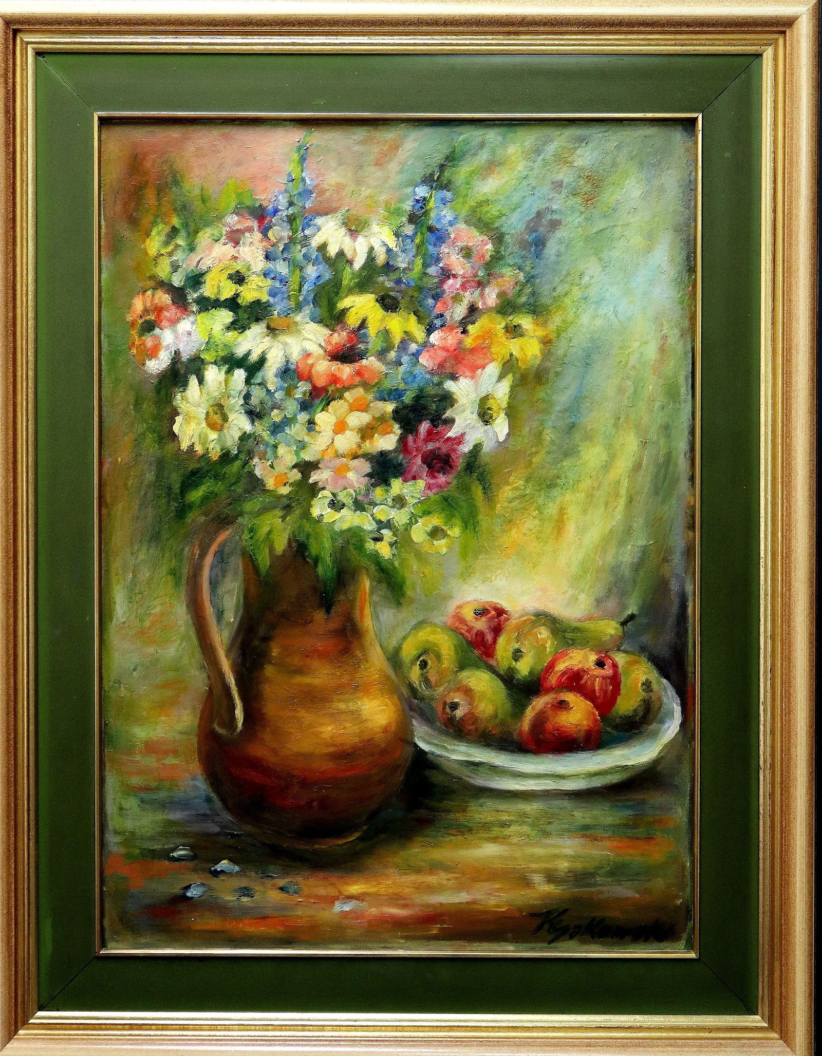 Kyakowski (?): Kyakowski (?) probably Polish, 20th century Still life with a colourful bouquet of flowers in a jug vase and fruit bowl, oil on chipboard, right. and signed. 88.5 x 69 cm (w/ frame).