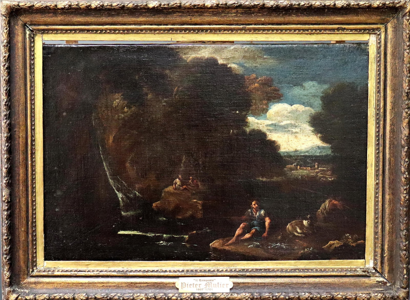 Pieter Mulier the Younger: Pieter Mulier the Younger 1637 Haarlem - 1701 Milan Landscape with mountain stream and figures. City view with mountains in wide opening landscape in the background. Characteristic of the Dutch painte