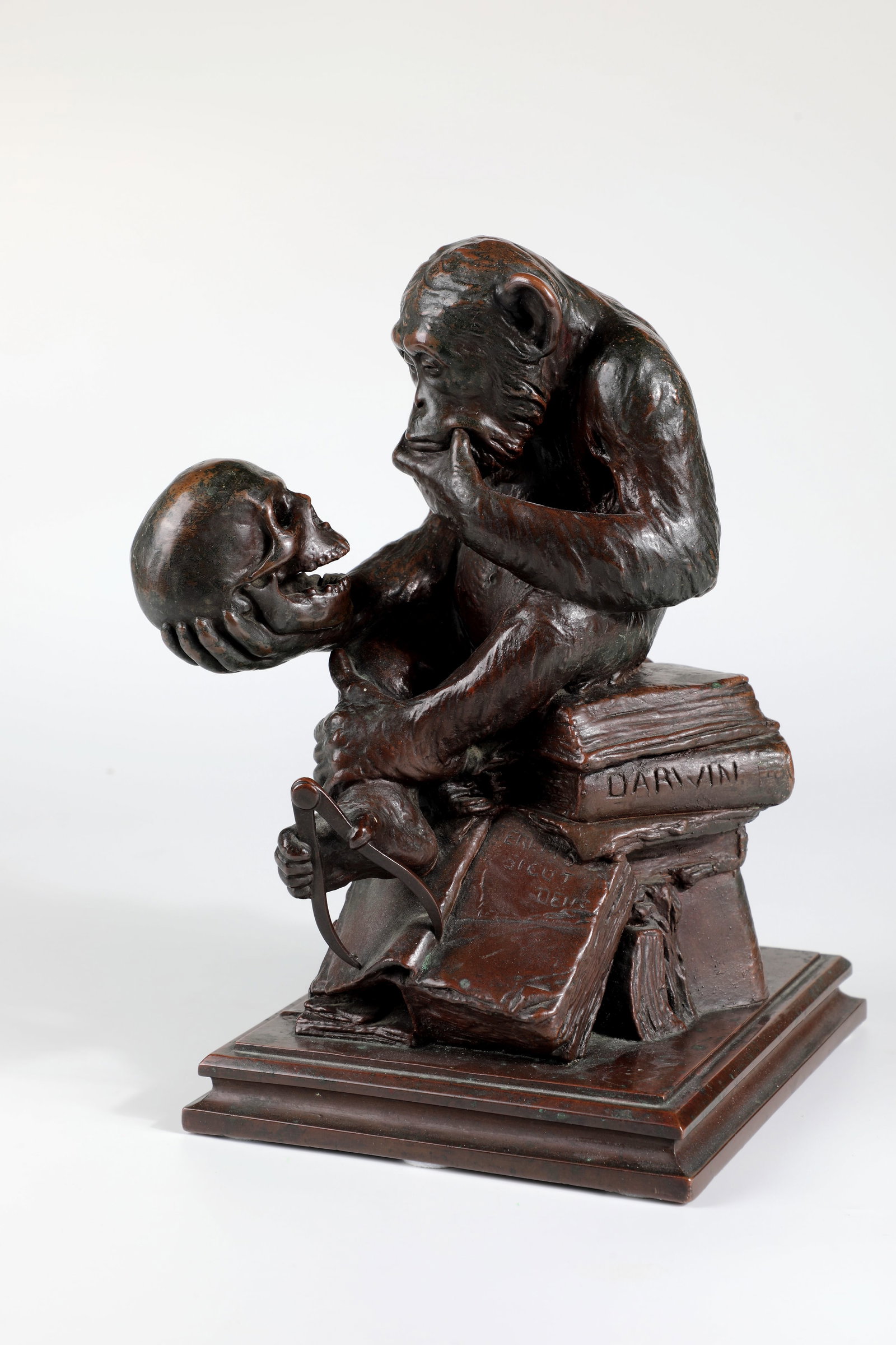 Monkey with skull: Monkey with skull Wolfgang Hugo Rheinhold, after (1892 - 1993) galvanoplasty, dark patinated. Sculptural depiction of a monkey sitting on a stack of books in a pensive posture, holding a skull in his