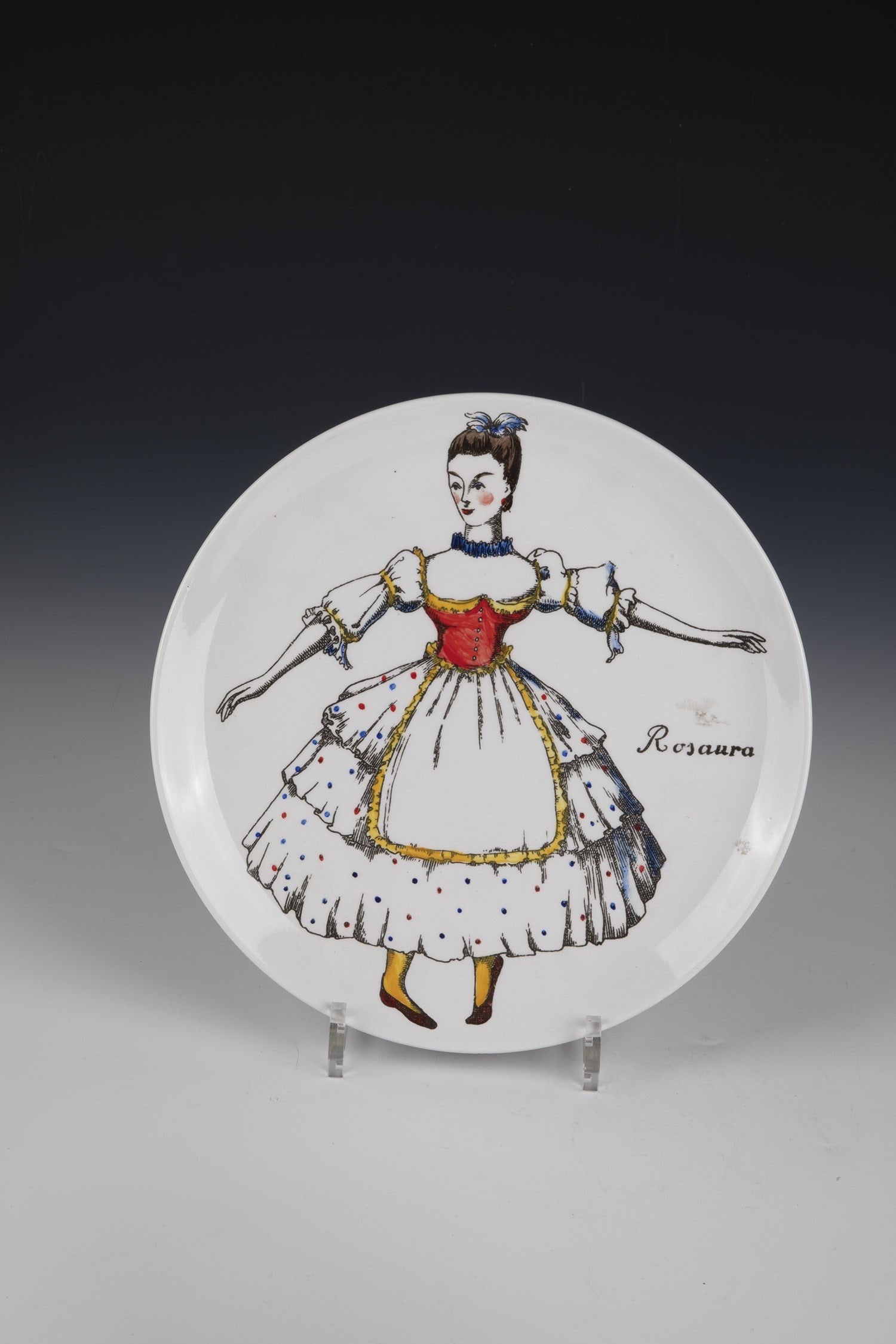 Plate ''Rosaura'': Plate ''Rosaura'' Piero Fornasetti, 1950s Dancing Lady in Black Overglaze Print and Polychrome Painting. On the back with the company brand and the name ''INDUSTRIA CERAMICA VICENTINA''. D. 26.5 cm.