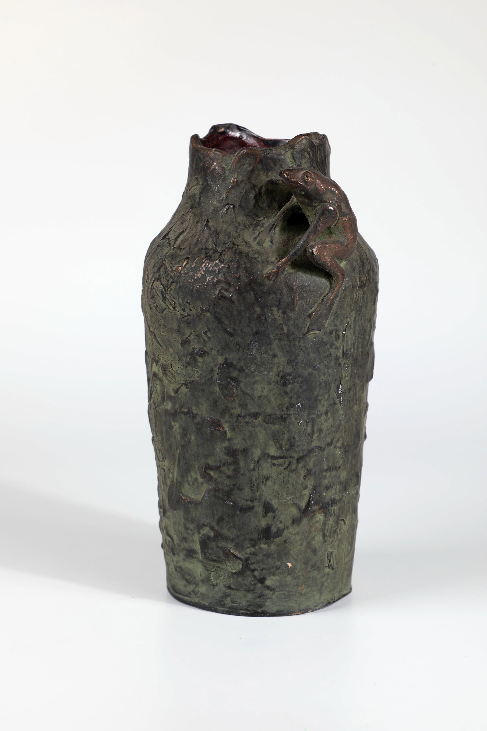 Vase with frog: Vase with Frog 20th Century Ceramic vase with textured patinated surface. On the shoulder a fully three-dimensional frog. Scratch signature in the bottom. H. 26 cm