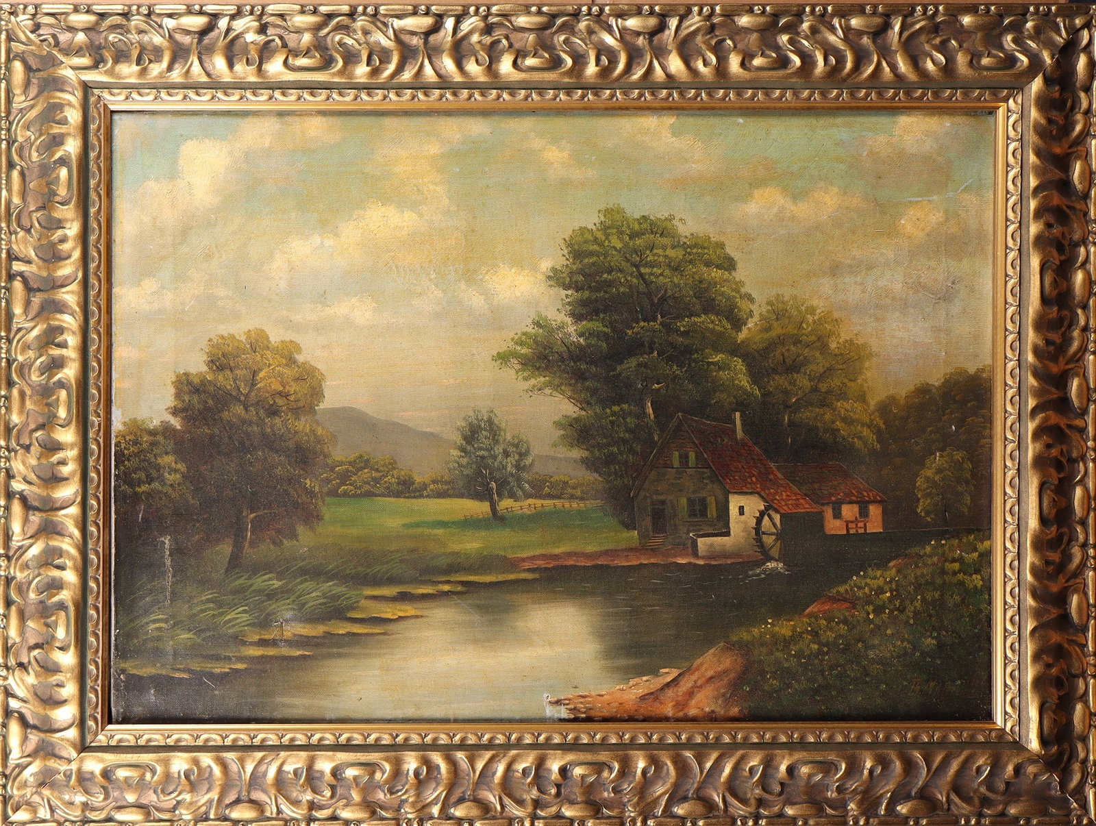 German painter of the 20th century: German painter of the 20th century, German, c. 1900 House on the shore in landscape, oil on canvas, indistinctly signed lower right: Th. M.. (?). Patches on the back. Picture loose in frame. Slight ye