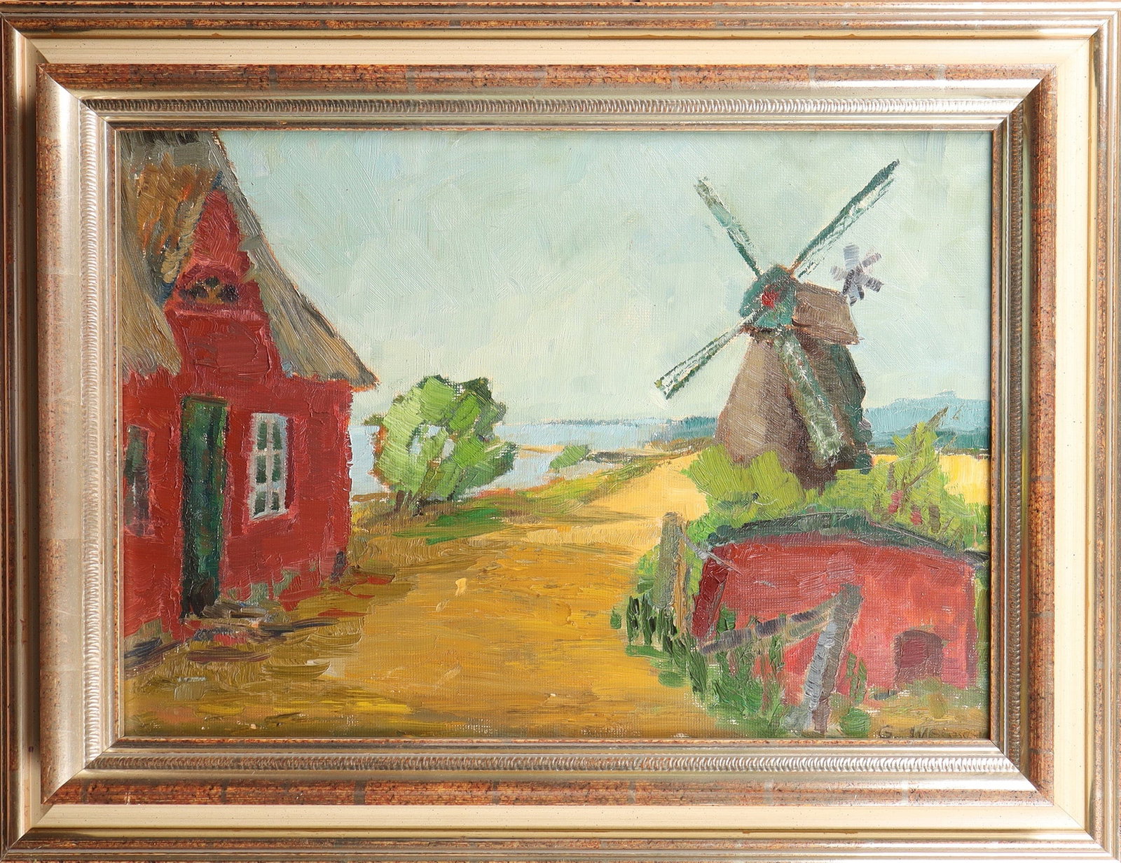 Gisela Weissel: Gisela Weissel, German, *1932 Atmospheric coastal landscape with house and windmill. Signed lower right. Probably oil on cardboard, painting surface not clearly recognizable. Frame 50 x 64 cm. Gisela