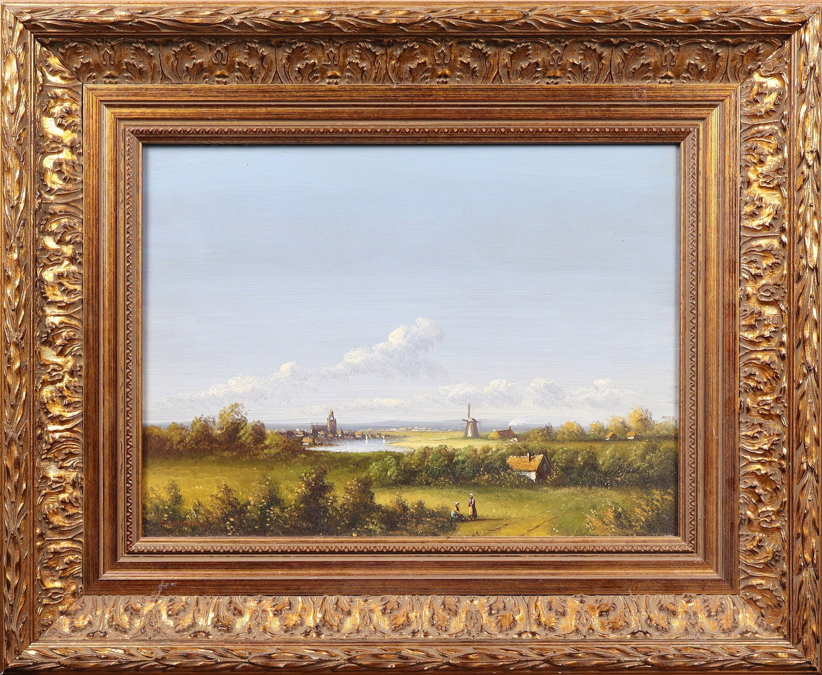 Unknown landscaper: Unknown landscaper 19th/ 20th century Wide landscape with two staffage figures in conversation. In the background, windmill and church on a river. Oil on panel, indistinctly signed: F. Kil.. (?).