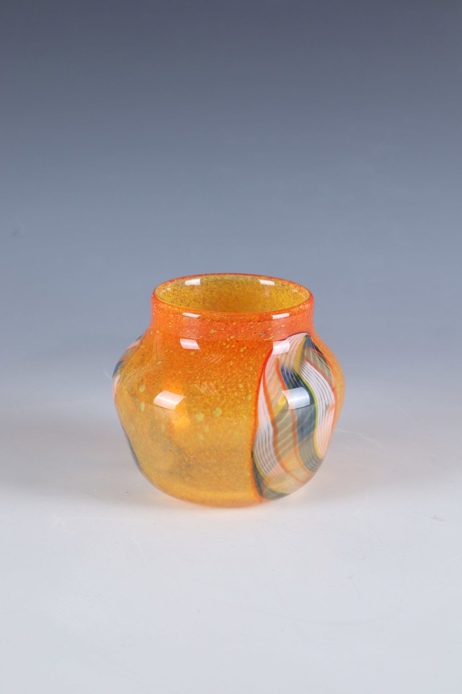 Small vase: Small vase probably Bavarian Forest, end of the 20th century Colourless glass with interlayer decoration made of polychrome crumb melting as well as melted glass plates made of multicoloured twisted