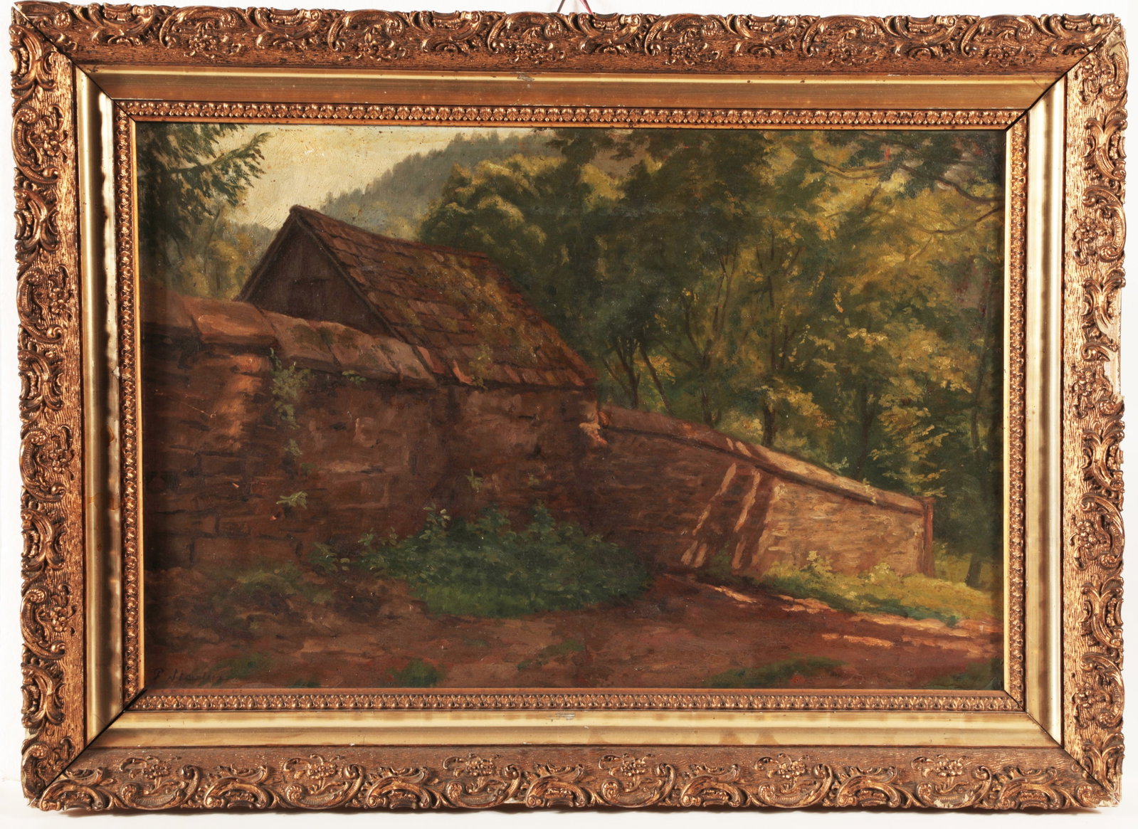 Unknown painter of the 19th century: Unknown painter of the 19th century German, 19th century Homestead behind low stone wall, surrounded by lush greenery and trees. Oil on canvas, doubled. Illegibly signed lower left: P. St.. z (?).